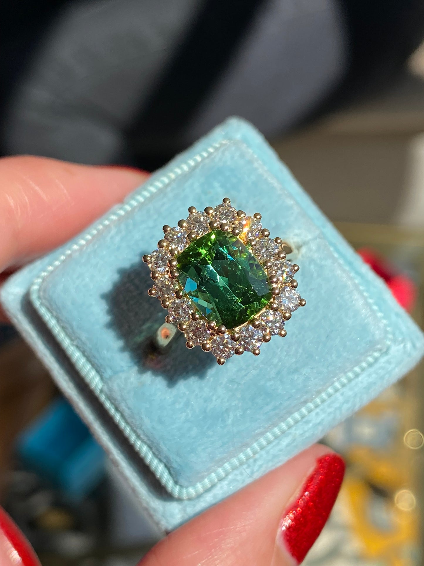 3.02 Carat Green Tourmaline and Natural Diamond Ring in 18ct Yellow Gold