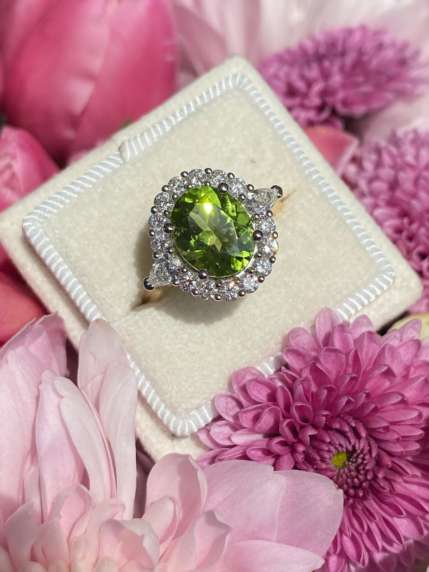 2.96 Carat Peridot and Natural Diamond Halo Ring in 18ct Yellow Gold