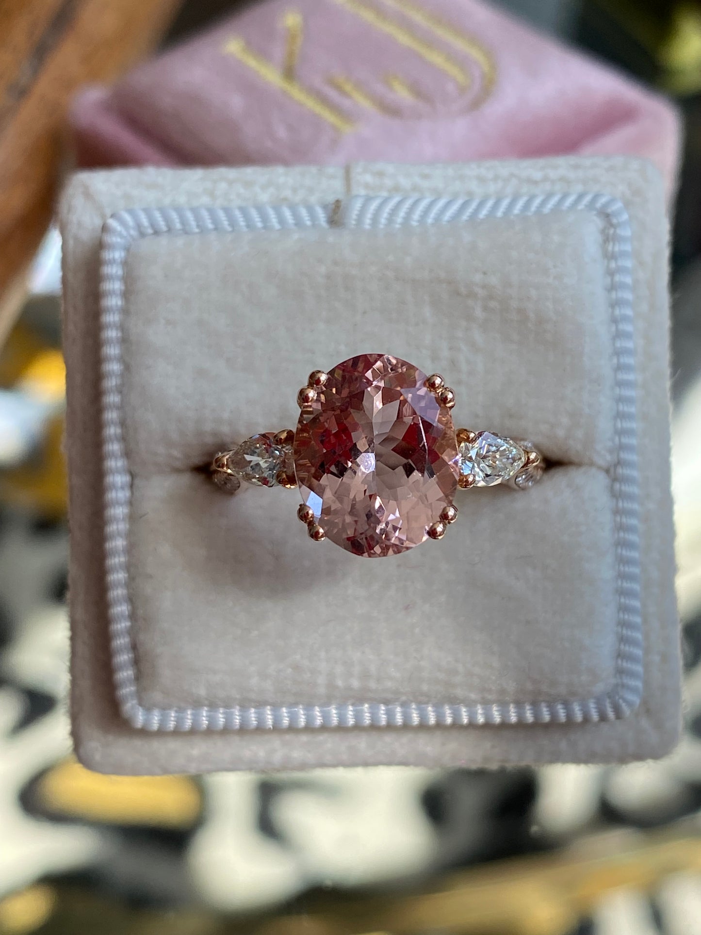 3.04 Carat Morganite and Natural Diamonds Three Stone Engagement Ring in 18ct Rose Gold