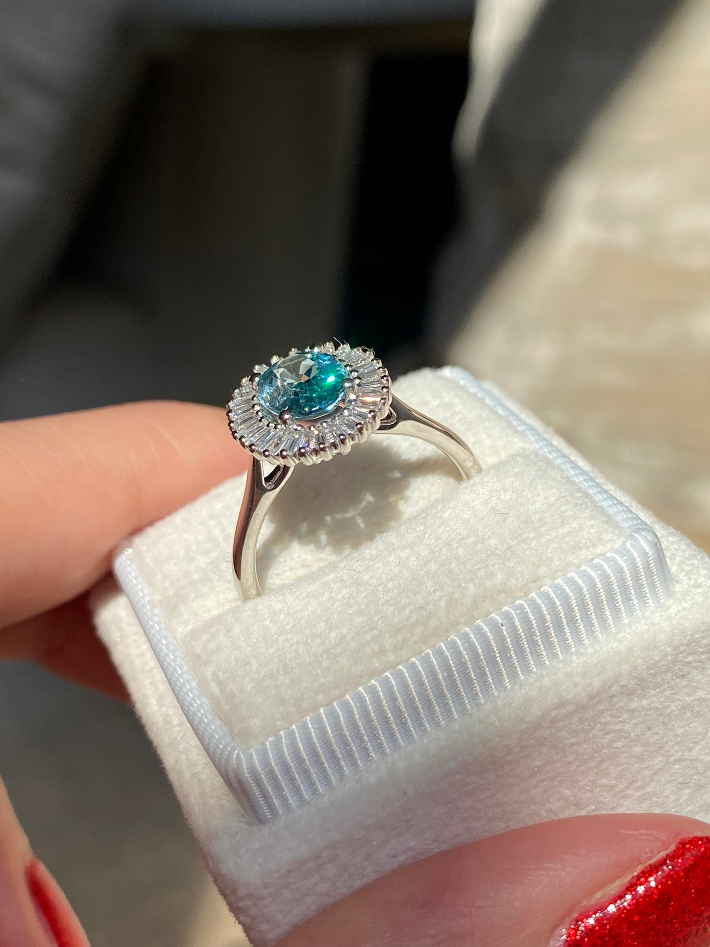 1.70 Carat Blue Zircon and Natural Diamond Starburst Halo Ring in Platinum