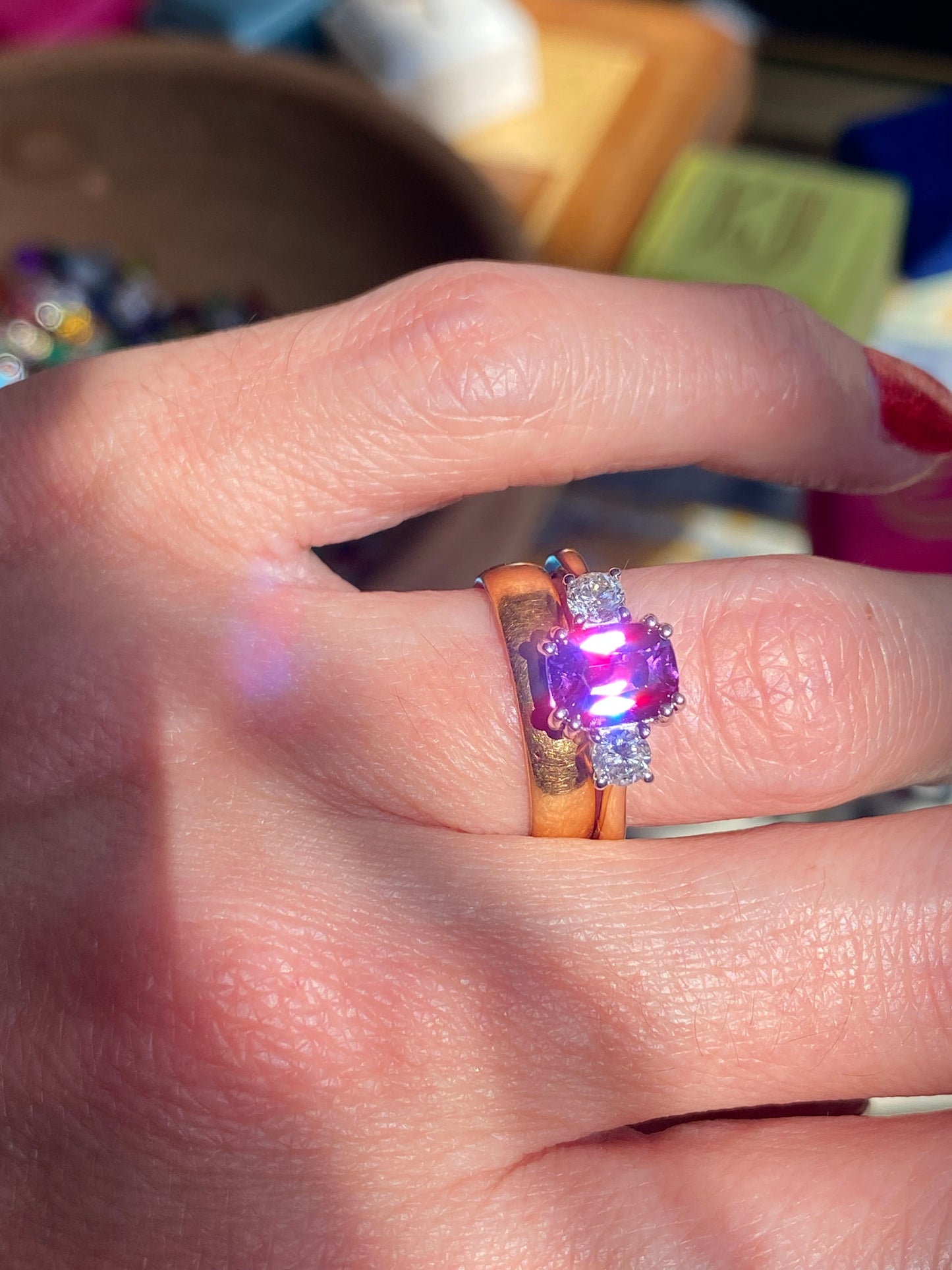 2.16 Carat Purple Sapphire and 0.38ctw Natural Diamond Three Stone Ring in Platinum and 18ct Gold