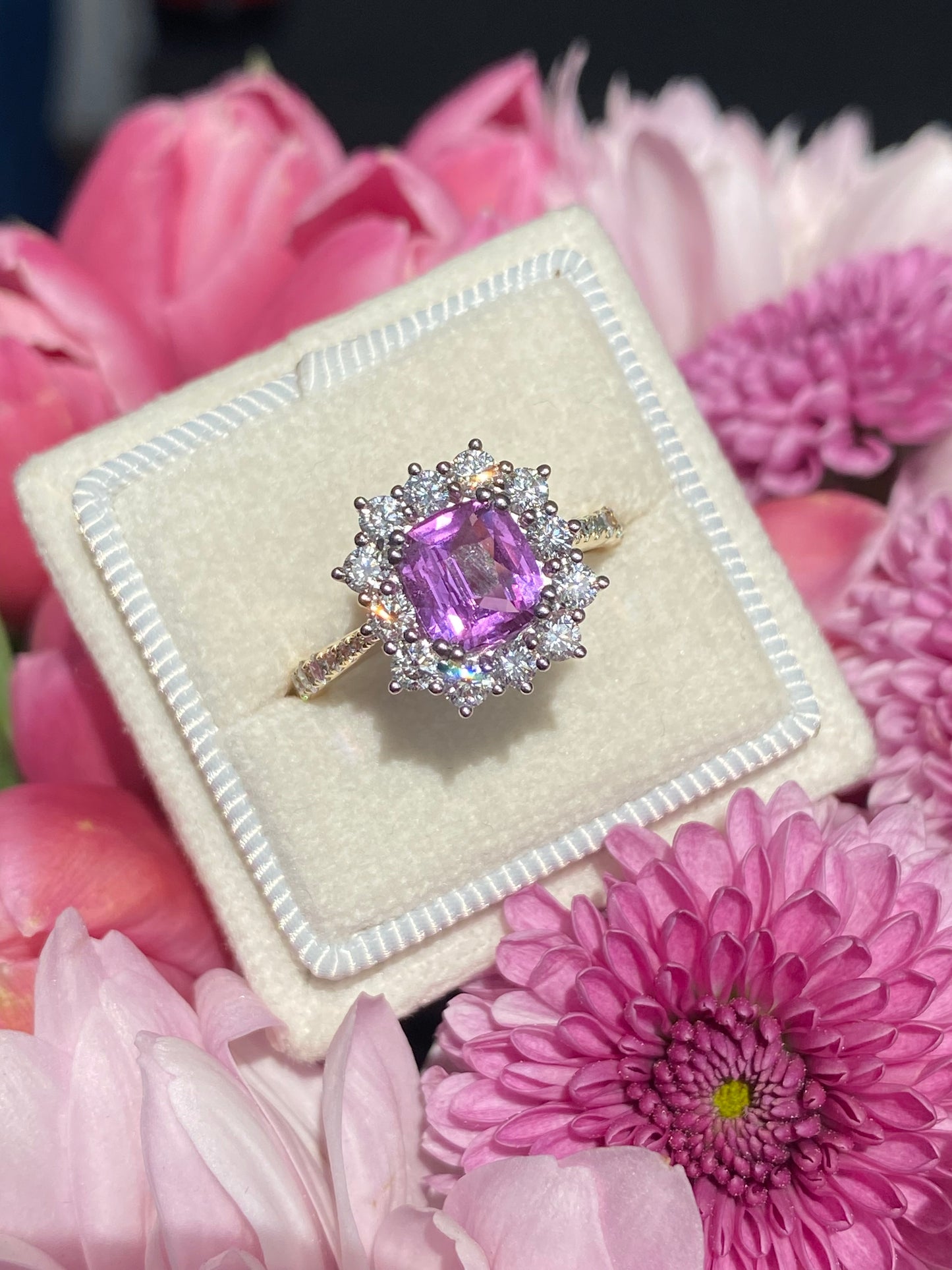 1.65 Carat Purple Sapphire and 0.85ctw Natural Diamond Halo Ring in Platinum and 18ct Gold
