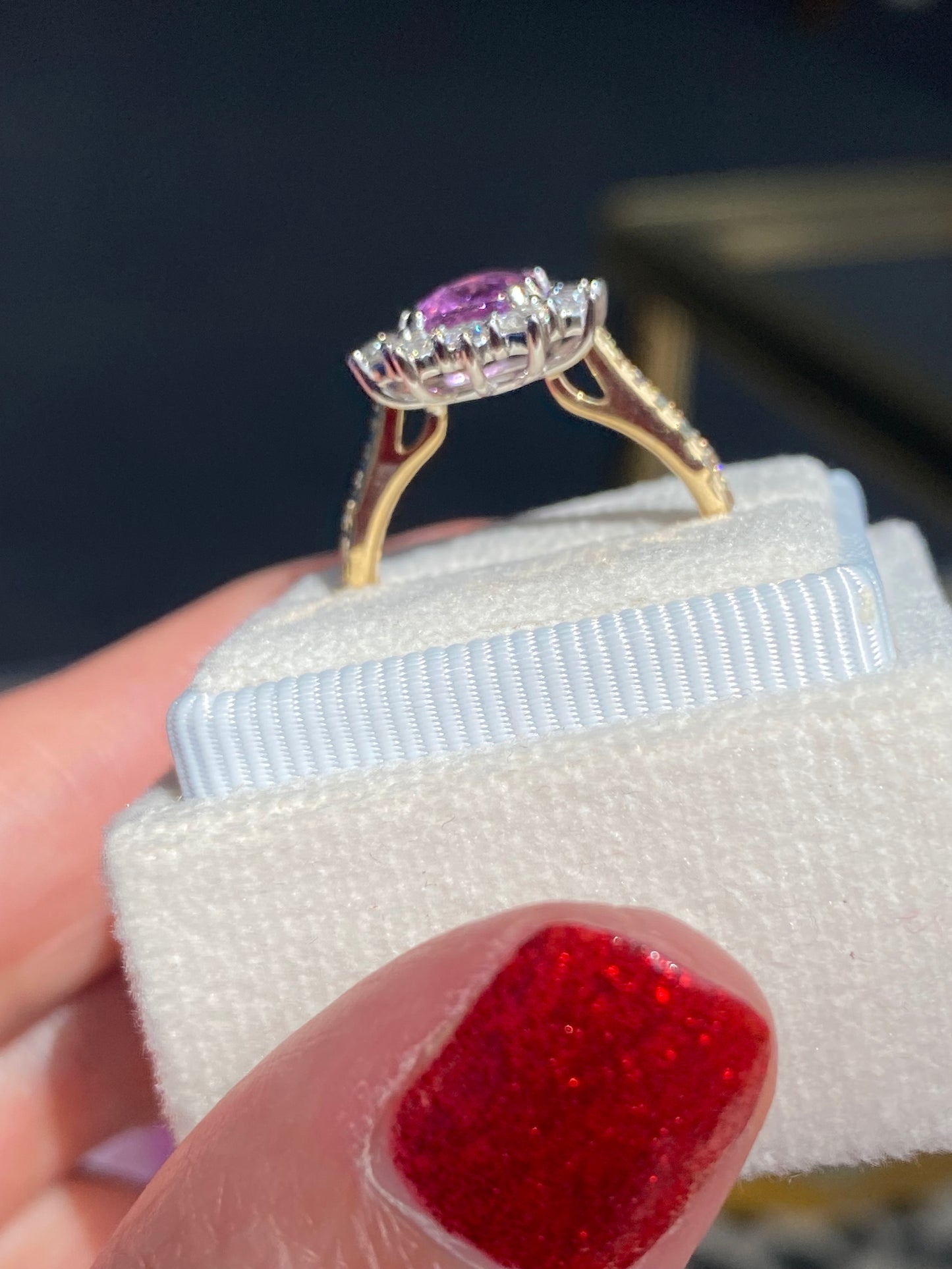 1.65 Carat Purple Sapphire and 0.85ctw Natural Diamond Halo Ring in Platinum and 18ct Gold