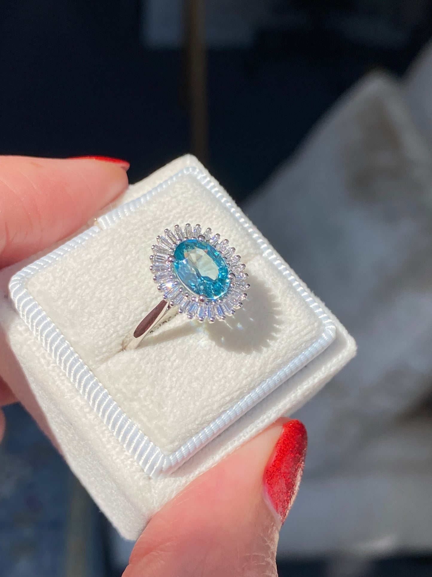 1.70 Carat Blue Zircon and Natural Diamond Starburst Halo Ring in Platinum