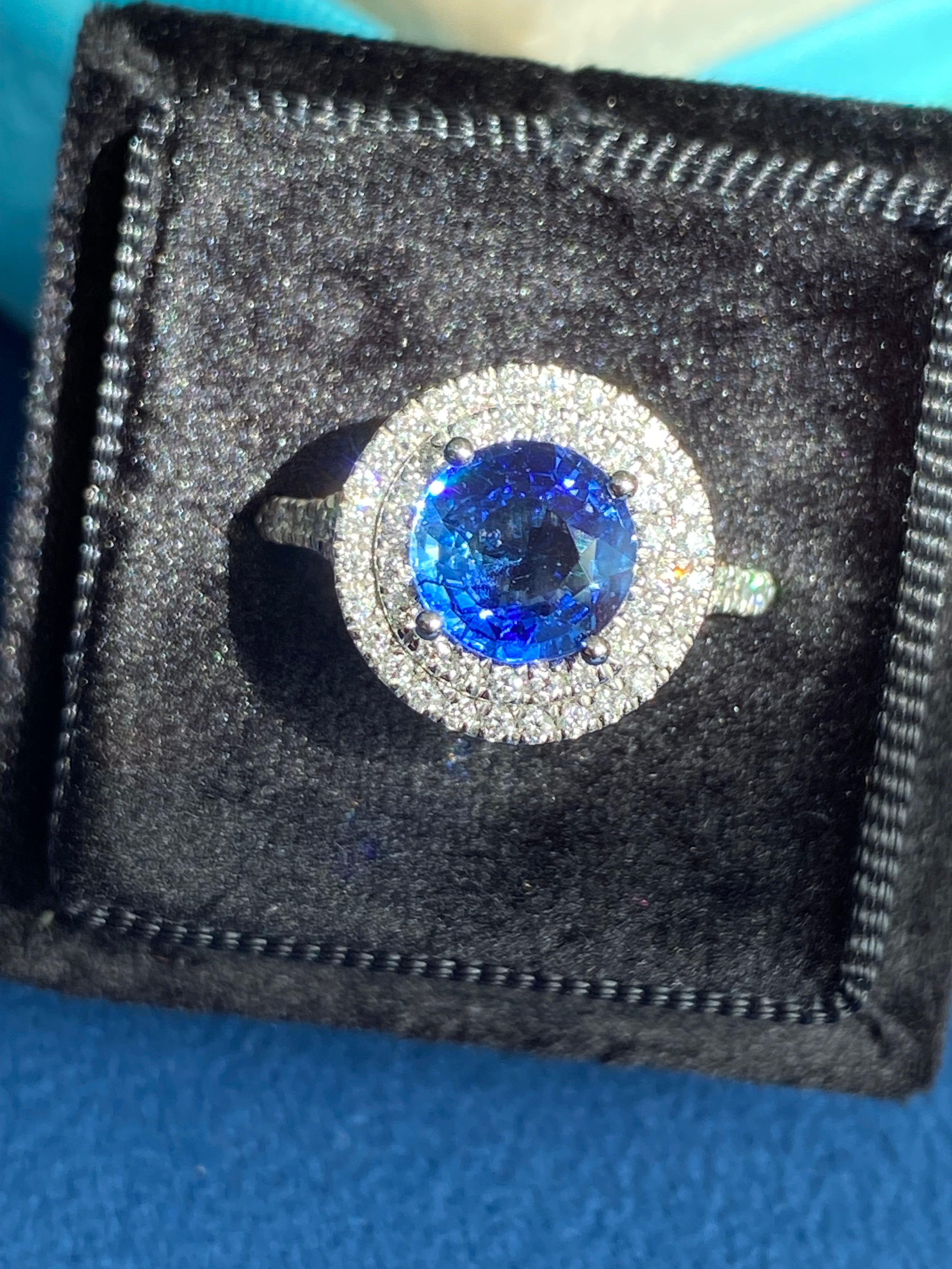 2.56 CTW Blue Ceylon Sapphire and Natural Diamond Double Halo Ring in Platinum