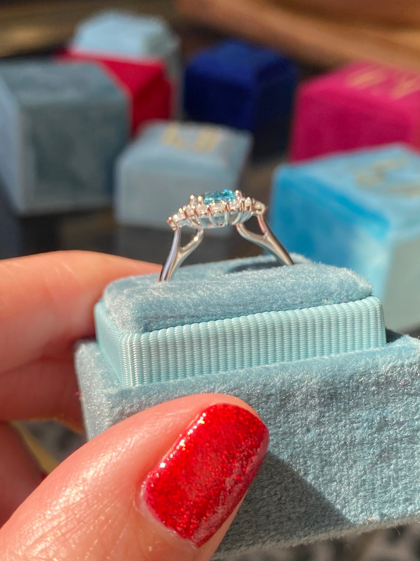 1.78 Carat Blue Zircon and Natural Diamond Halo Ring in Platinum