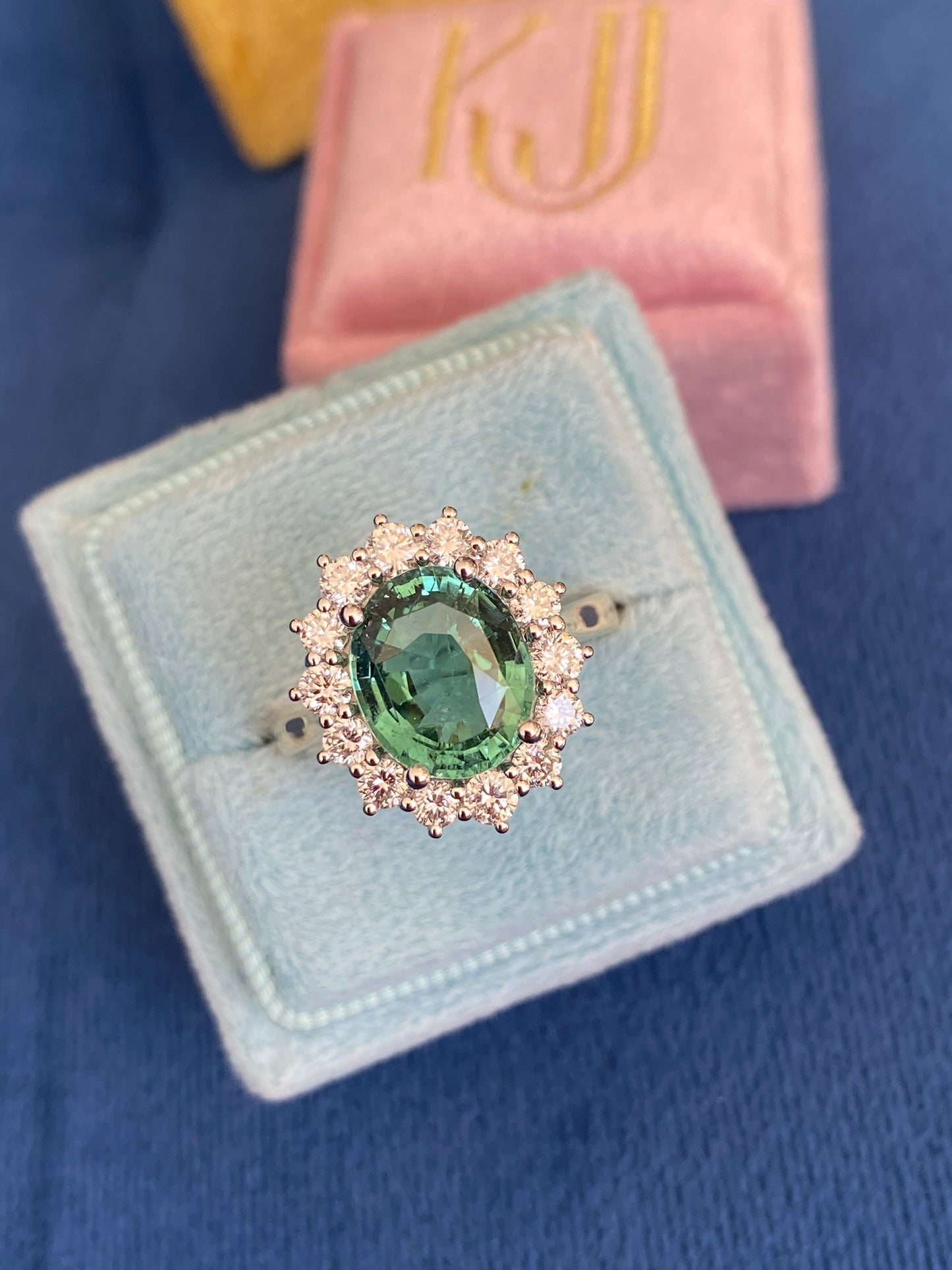 3.06 Carat Blue Tourmaline and Natural Diamond Halo Ring in Platinum and 18ct Yellow Gold