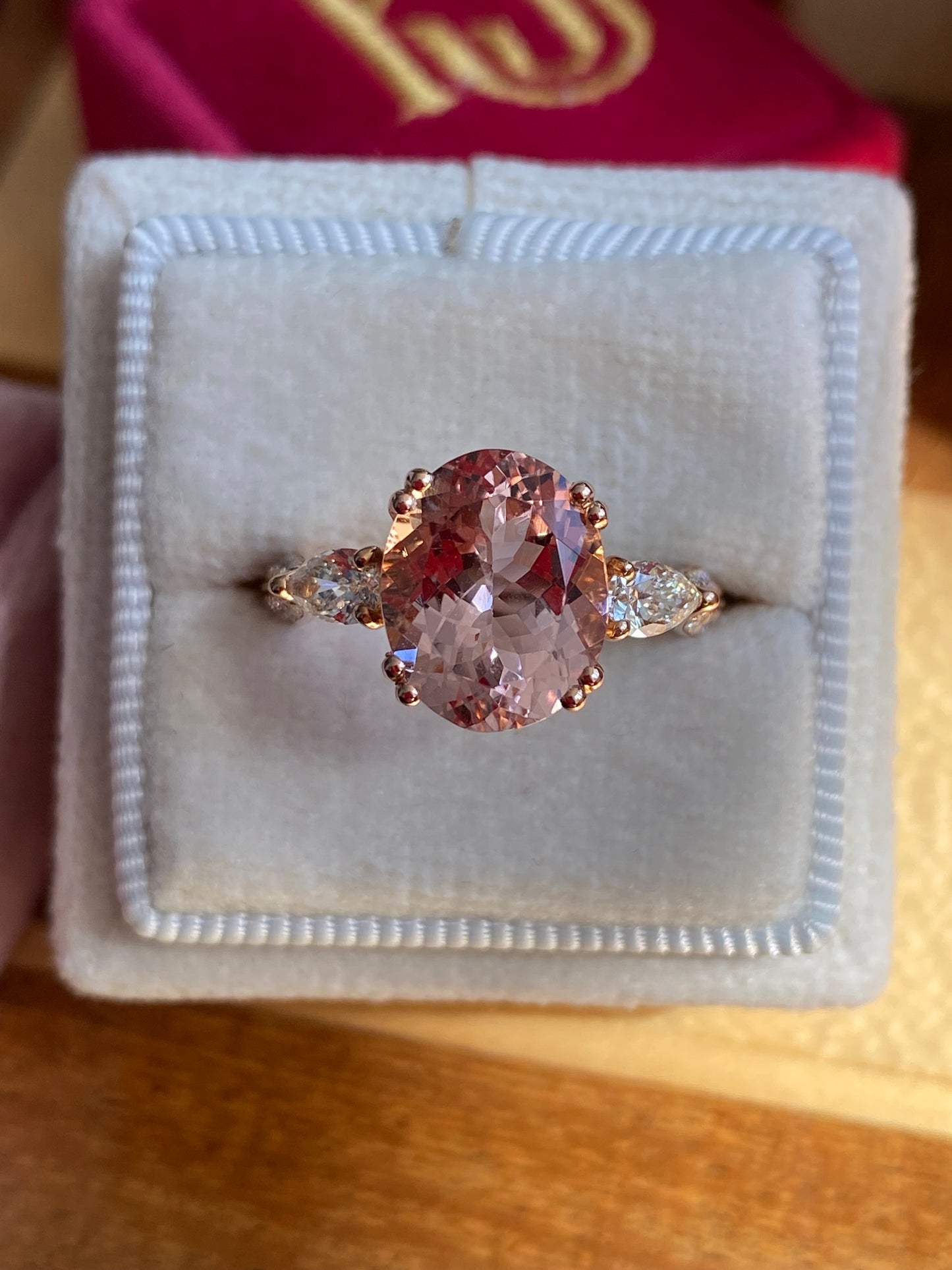 3.04 Carat Morganite and Natural Diamonds Three Stone Engagement Ring in 18ct Rose Gold