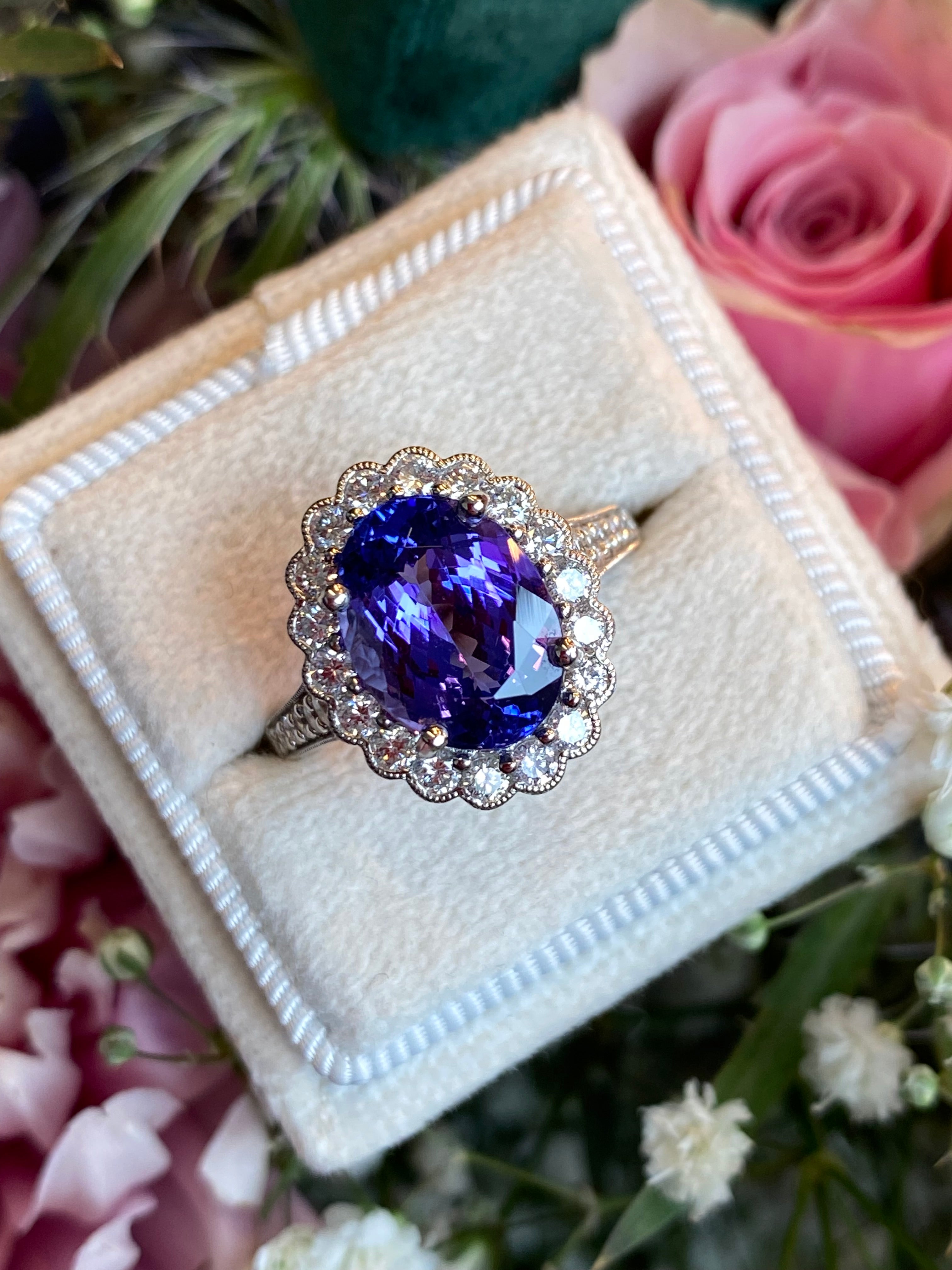 3.87 Carat Oval Cut Tanzanite and 0.75ctw Natural Diamond Cocktail Ring in Platinum
