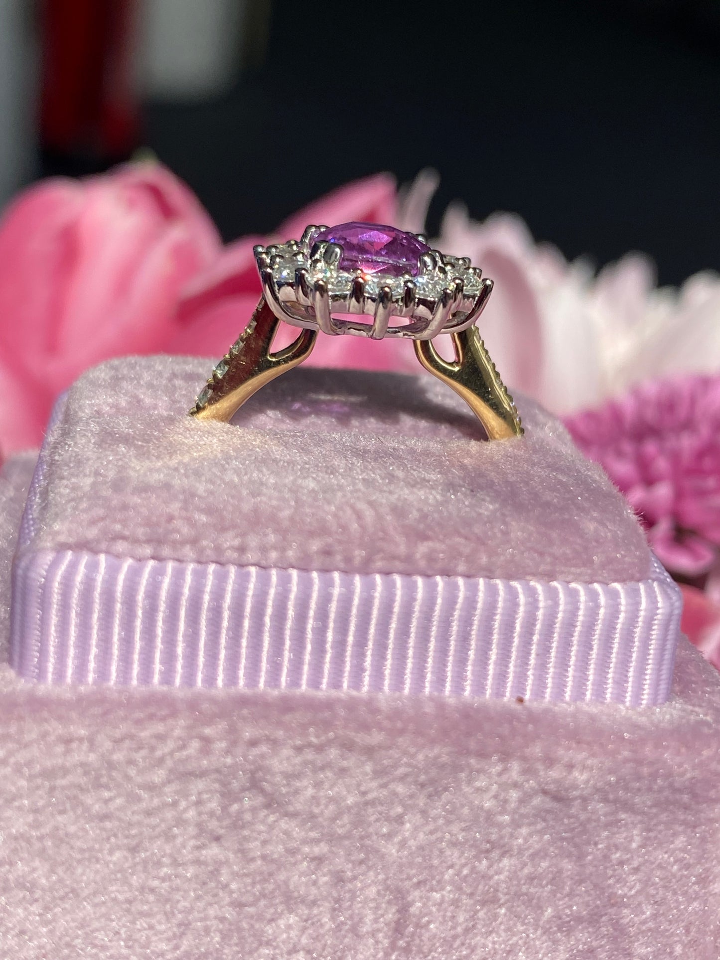 1.65 Carat Purple Sapphire and 0.85ctw Natural Diamond Halo Ring in Platinum and 18ct Gold