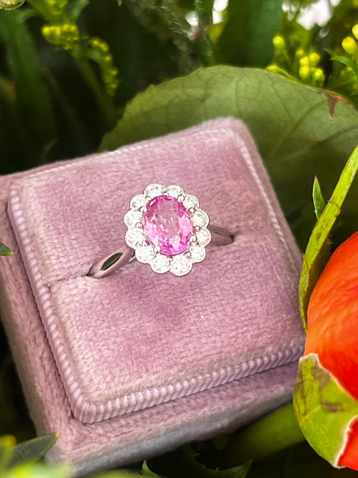 CTW Oval Cut Pink Sapphire and Natural Diamond Halo Engagement Ring in Platinum