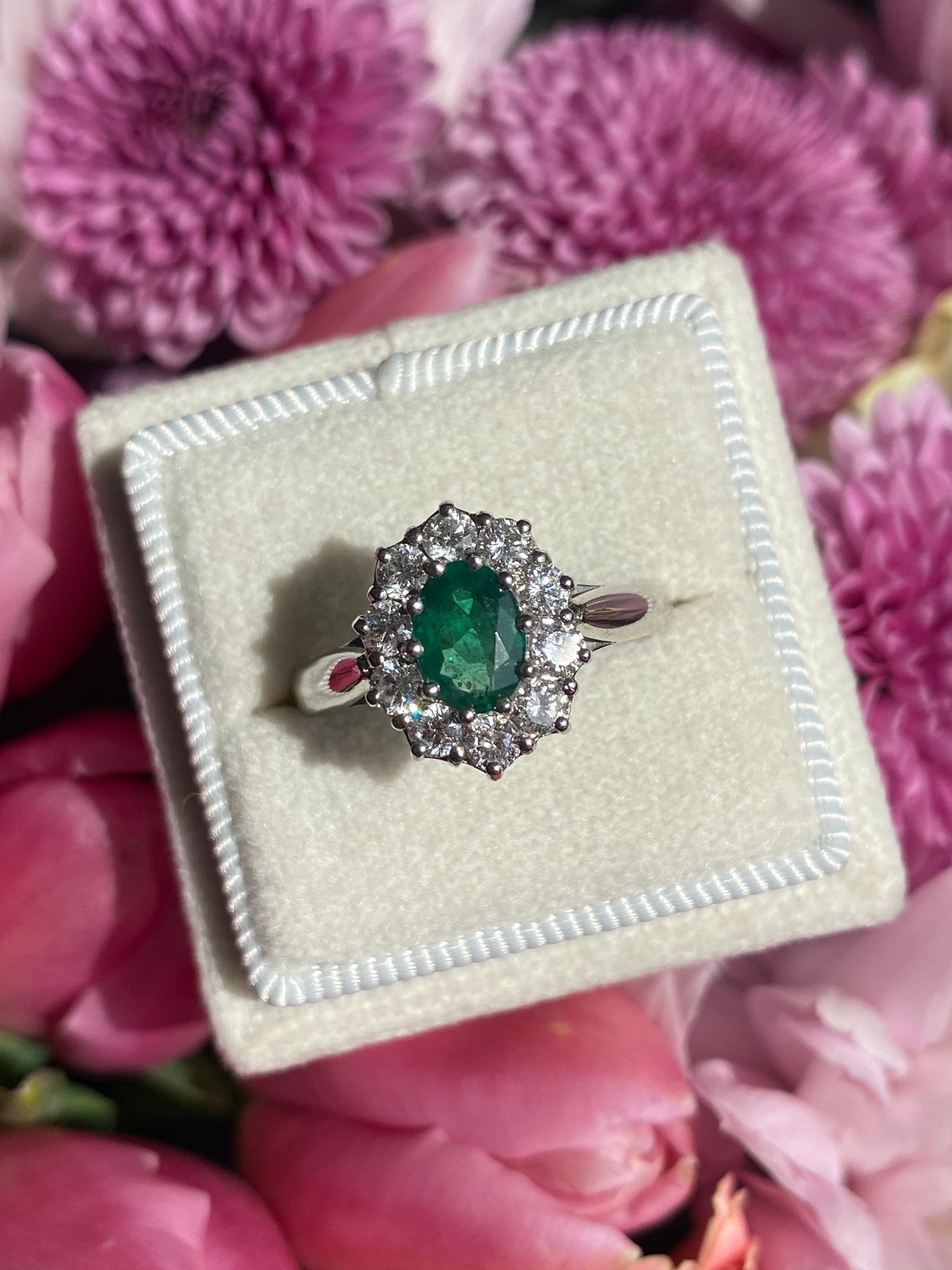 0.60 Carat Emerald and 0.66 ctw Natural Diamond Halo Engagement Ring in Platinum