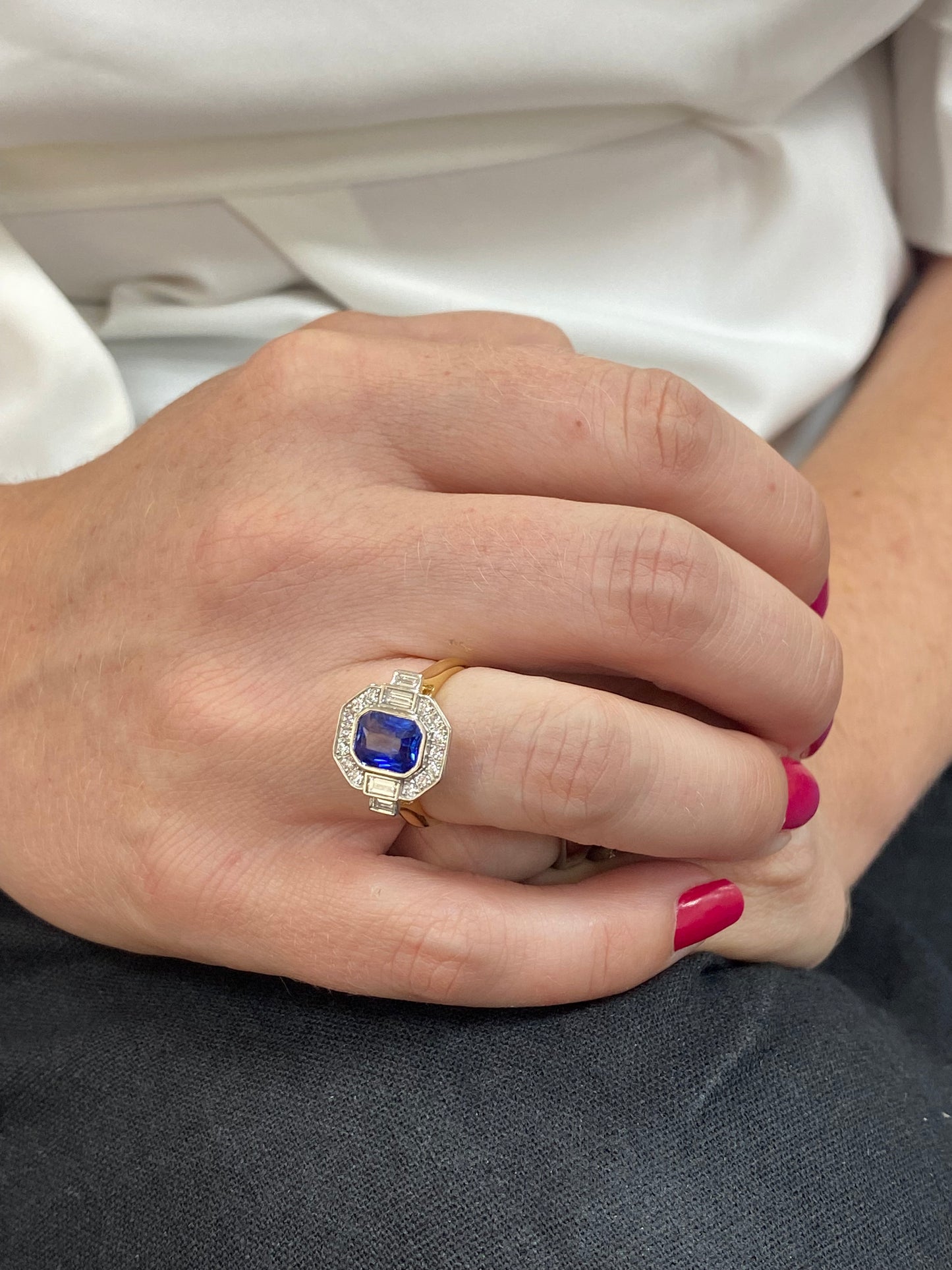 2.06 Carat Emerald Cut Sapphire and Natural Diamond Halo Ring in Platinum and 18ct Yellow Gold