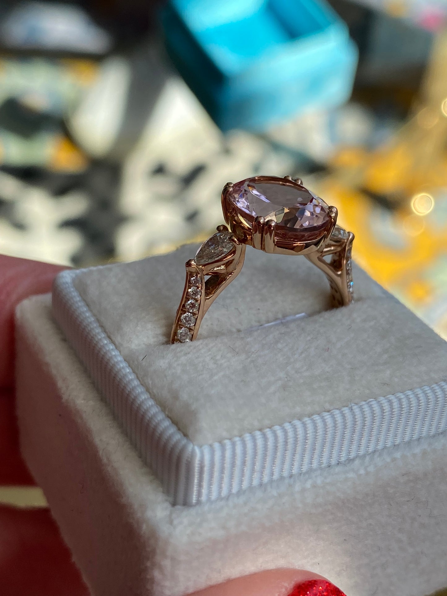 3.04 Carat Morganite and Natural Diamonds Three Stone Engagement Ring in 18ct Rose Gold