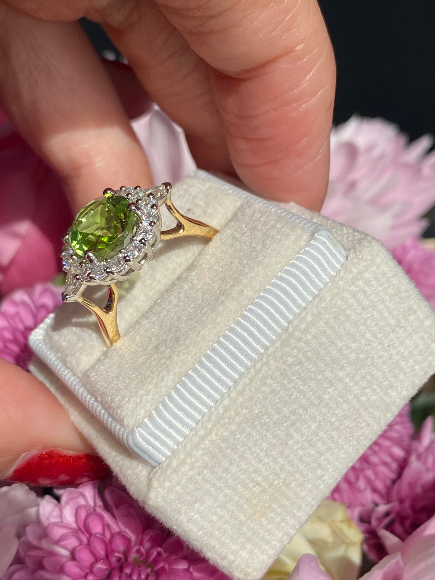 2.96 Carat Peridot and Natural Diamond Halo Ring in 18ct Yellow Gold