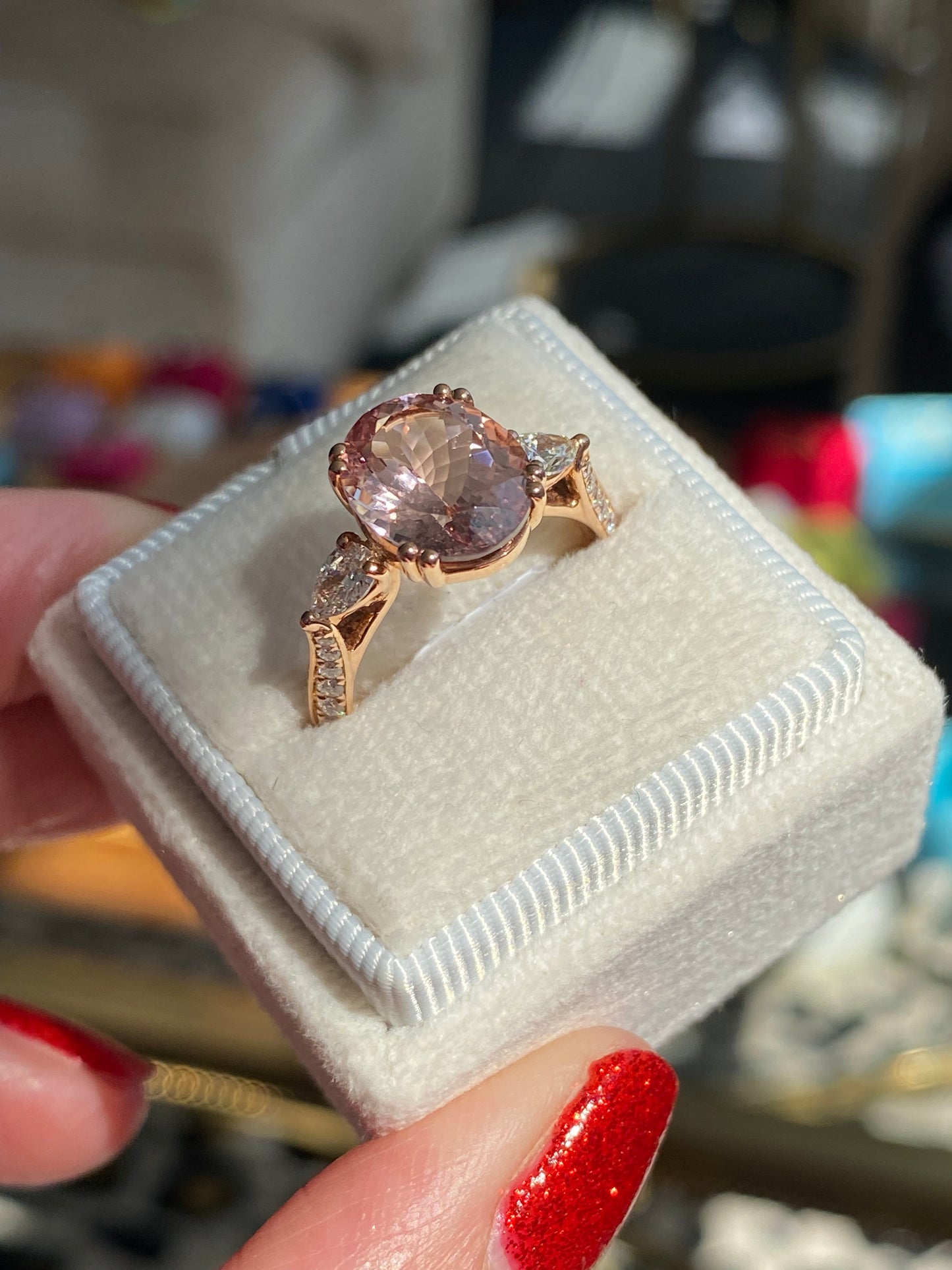 3.04 Carat Morganite and Natural Diamonds Three Stone Engagement Ring in 18ct Rose Gold