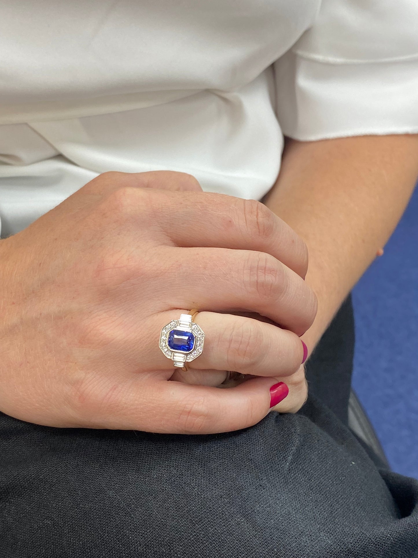 2.06 Carat Emerald Cut Sapphire and Natural Diamond Halo Ring in Platinum and 18ct Yellow Gold