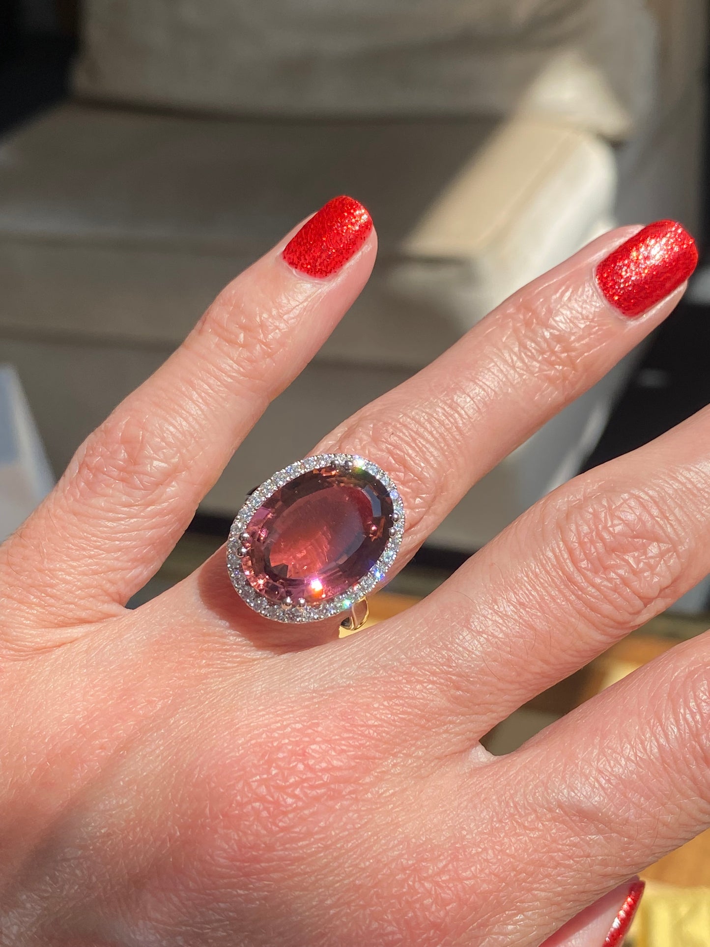 11.48 Carat Pink Tourmaline and Natural Diamond Ring in Platinum and 18ct Yellow Gold