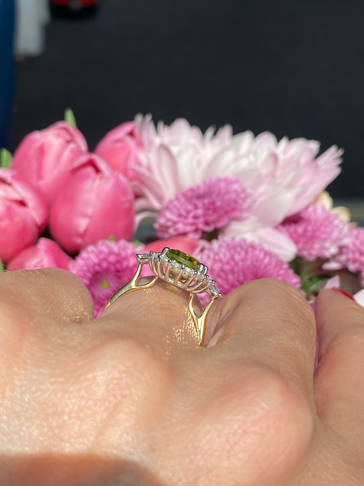 2.96 Carat Peridot and Natural Diamond Halo Ring in 18ct Yellow Gold