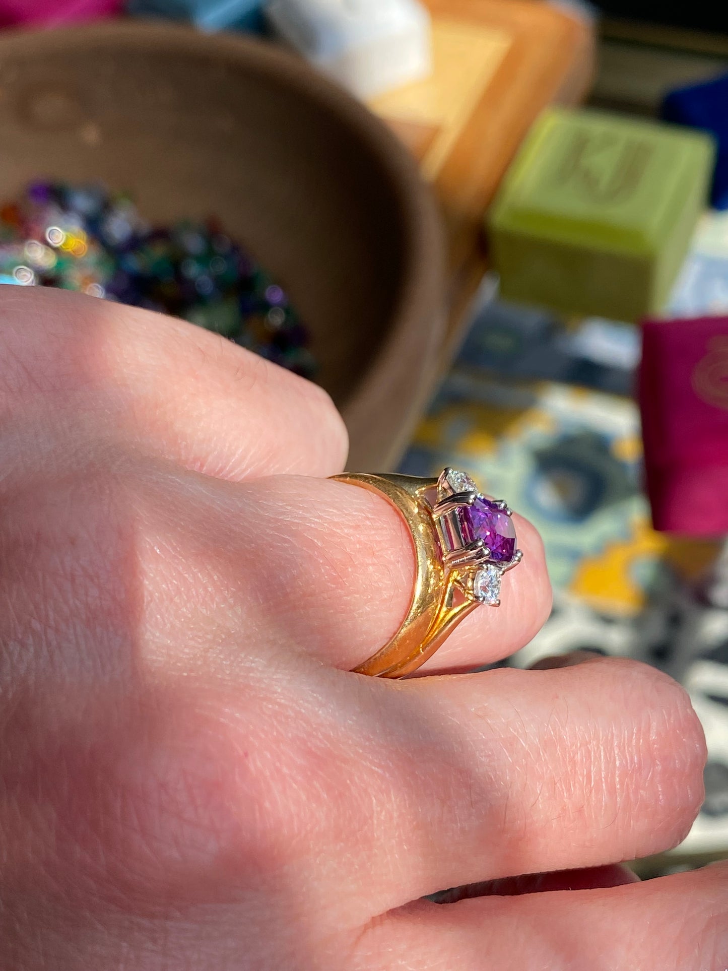 2.16 Carat Purple Sapphire and 0.38ctw Natural Diamond Three Stone Ring in Platinum and 18ct Gold