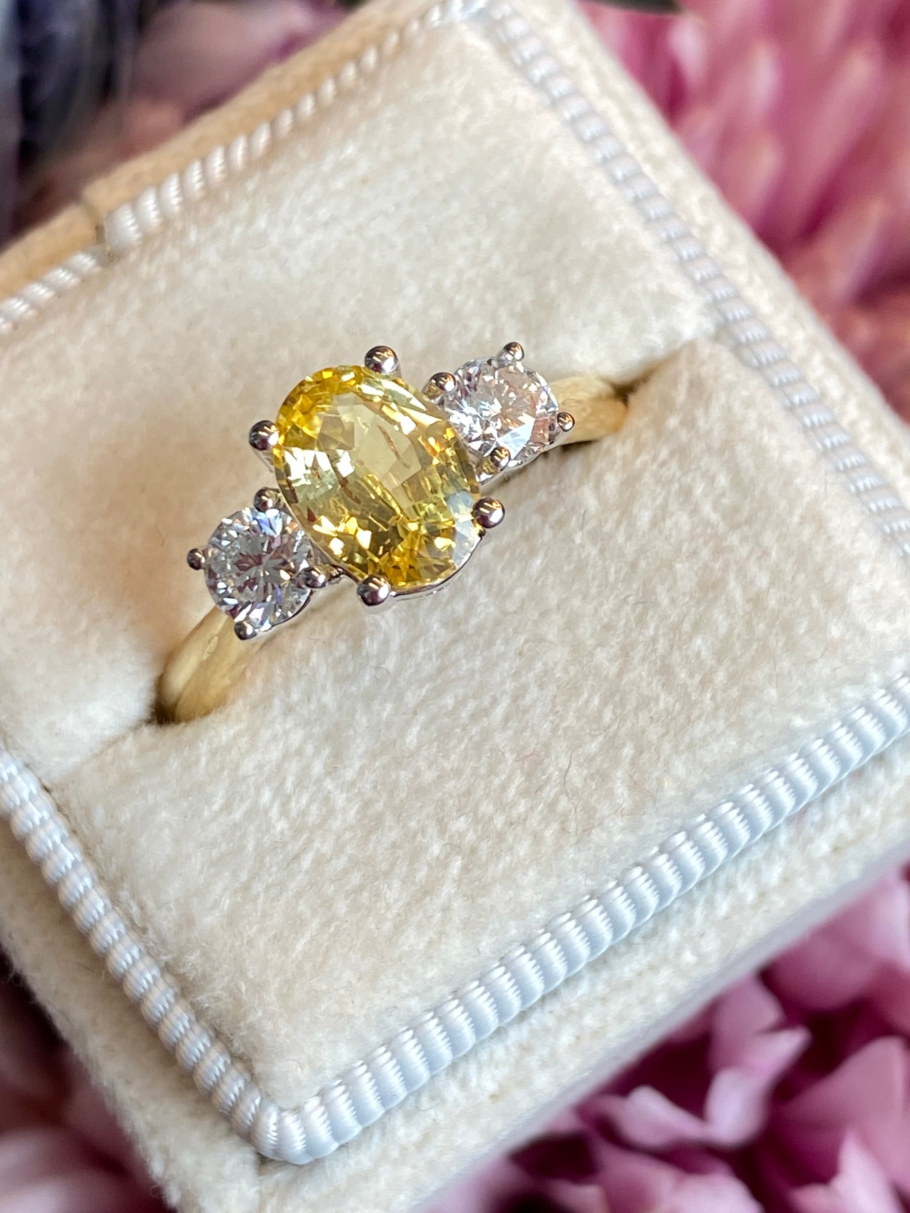1.83 CTW Yellow Sapphire and Natural Diamond Three Stone Ring in Platinum and 18ct Gold