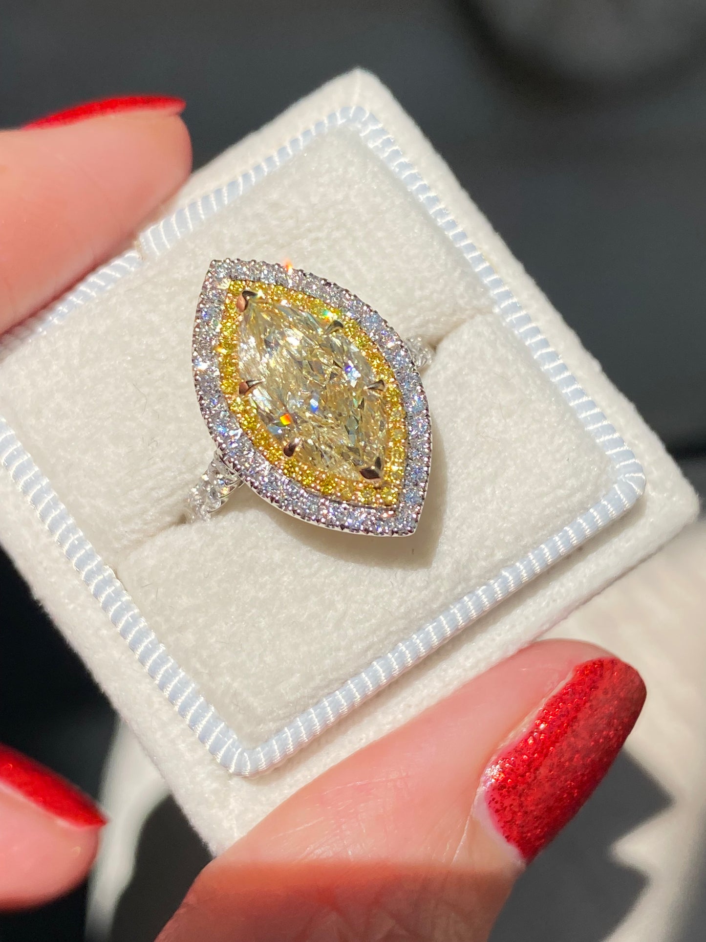 3.21 ctw Marquise Cut Natural Yellow Diamond Engagement Ring in Platinum and 18ct Yellow Gold