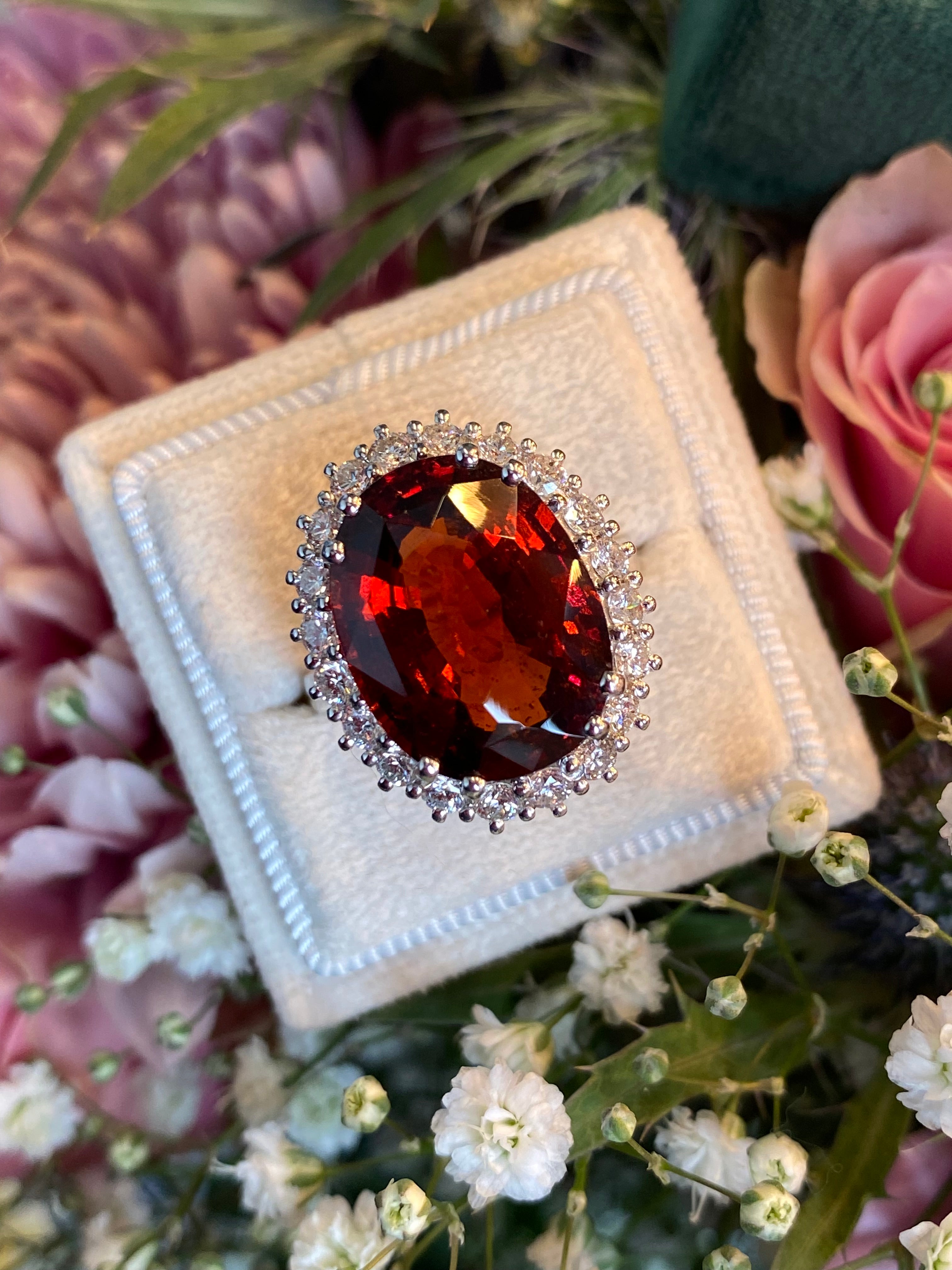 10.41 Carat Hessonite Garnet and Diamond Ring in 18ct White Gold