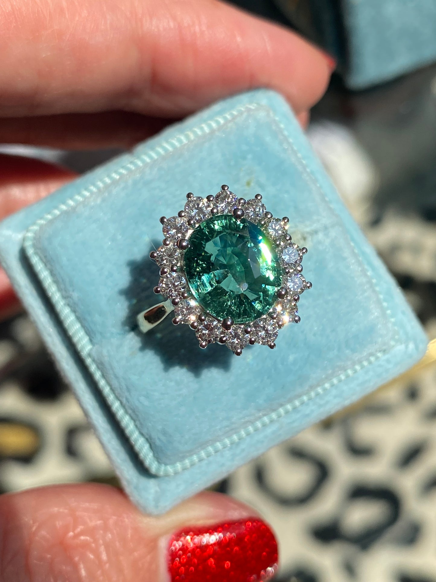 3.06 Carat Blue Tourmaline and Natural Diamond Halo Ring in Platinum and 18ct Yellow Gold