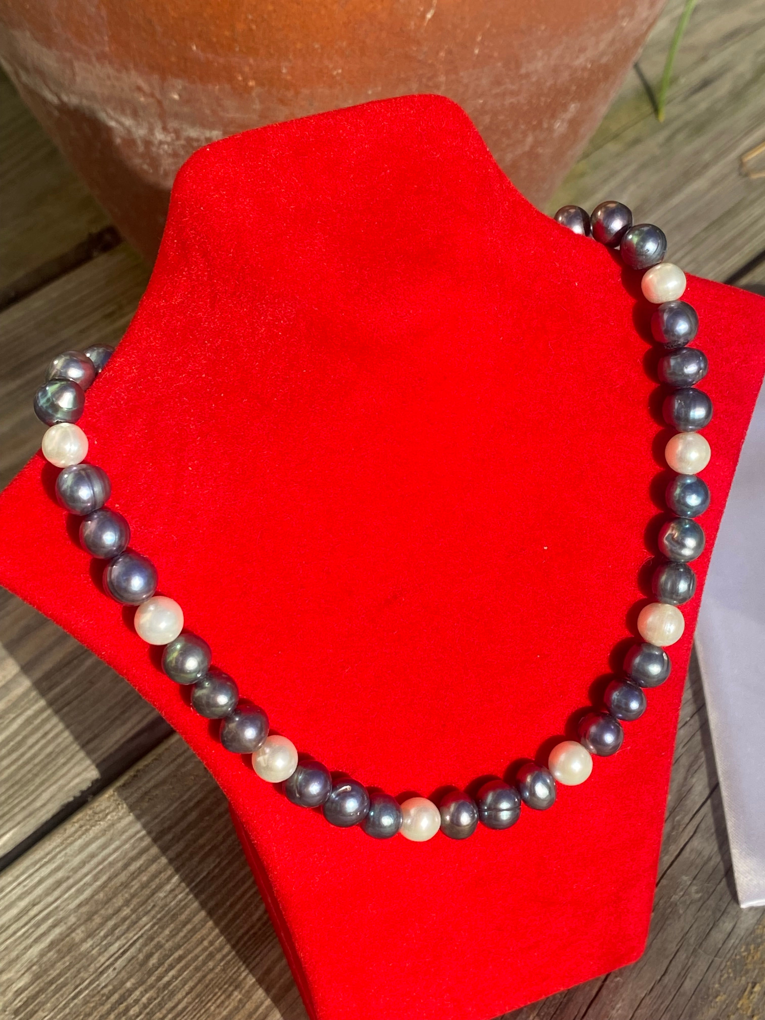 Vintage Black and White Freshwater Pearl Necklace with Sterling Silver Clasp