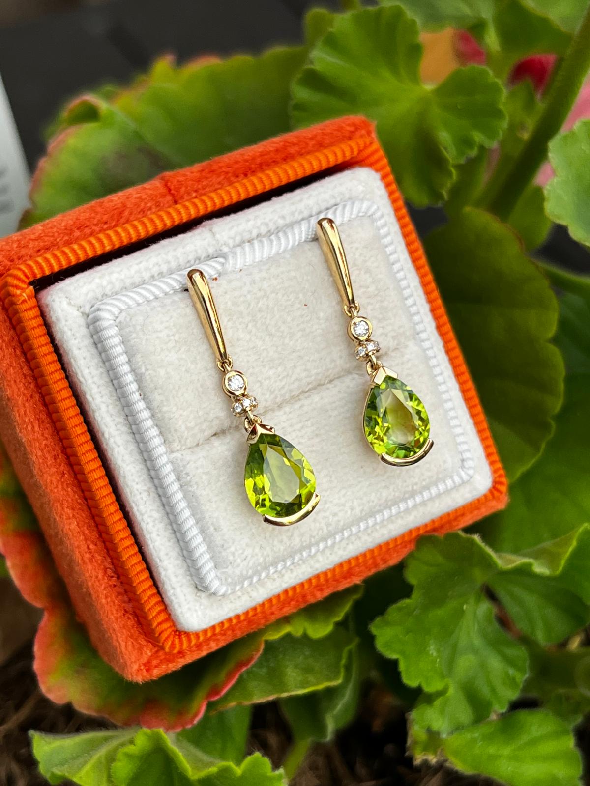 3.39 CTW Peridot and Diamond Drop Earrings in 18ct Yellow Gold