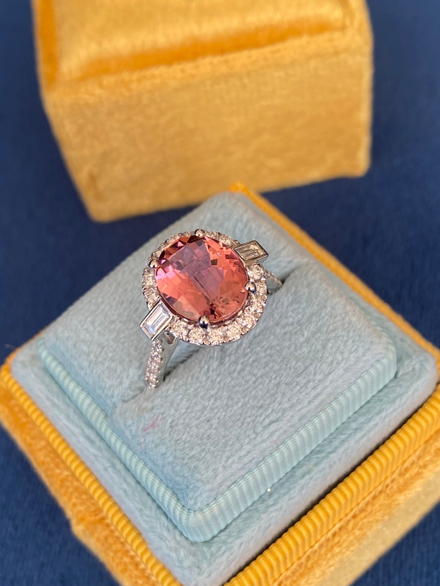 3.47 Carat Chequerboard Cut Pink Tourmaline and Natural Diamond Ring in Platinum
