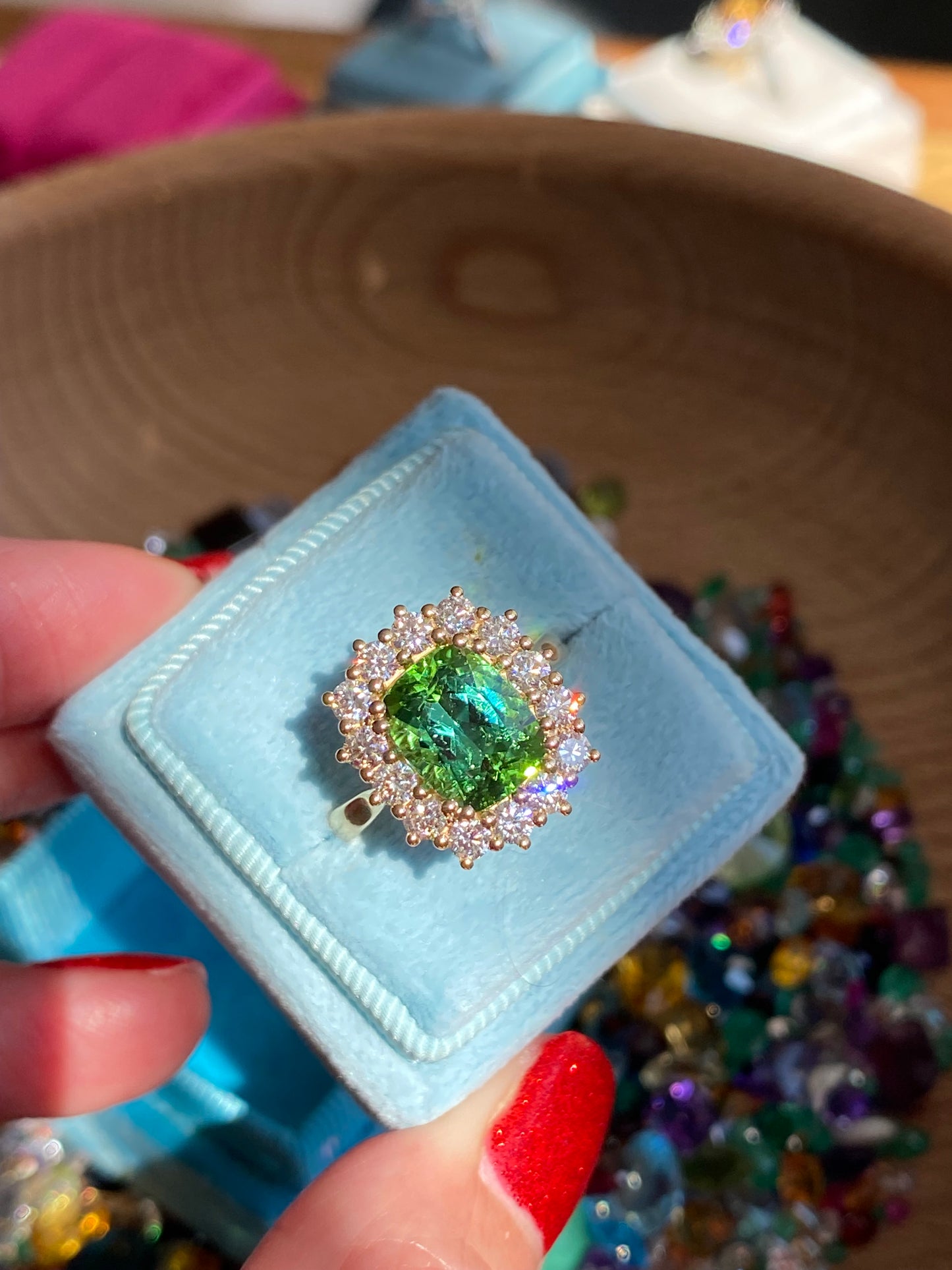 3.02 Carat Green Tourmaline and Natural Diamond Ring in 18ct Yellow Gold
