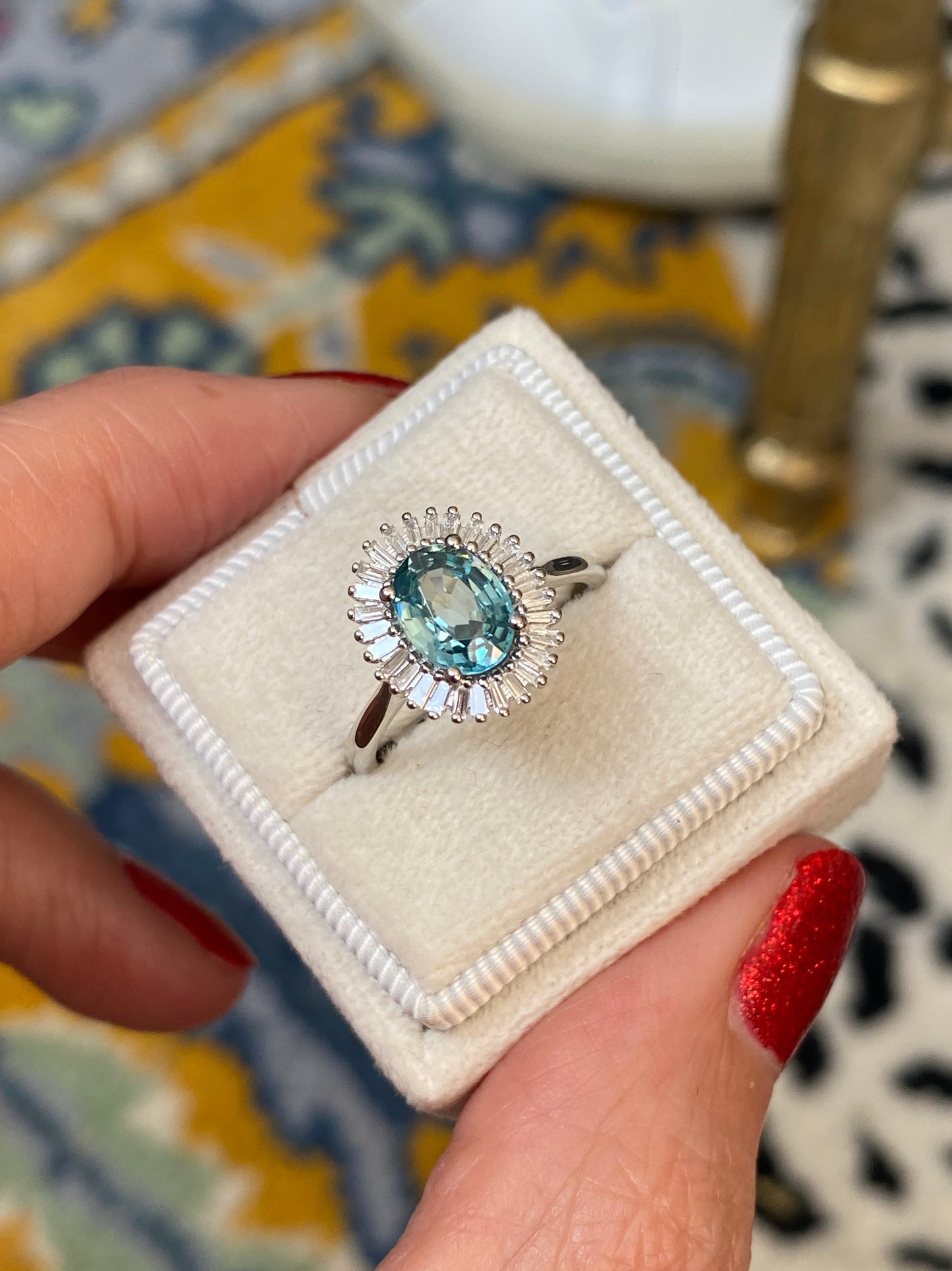 1.70 Carat Blue Zircon and Natural Diamond Starburst Halo Ring in Platinum