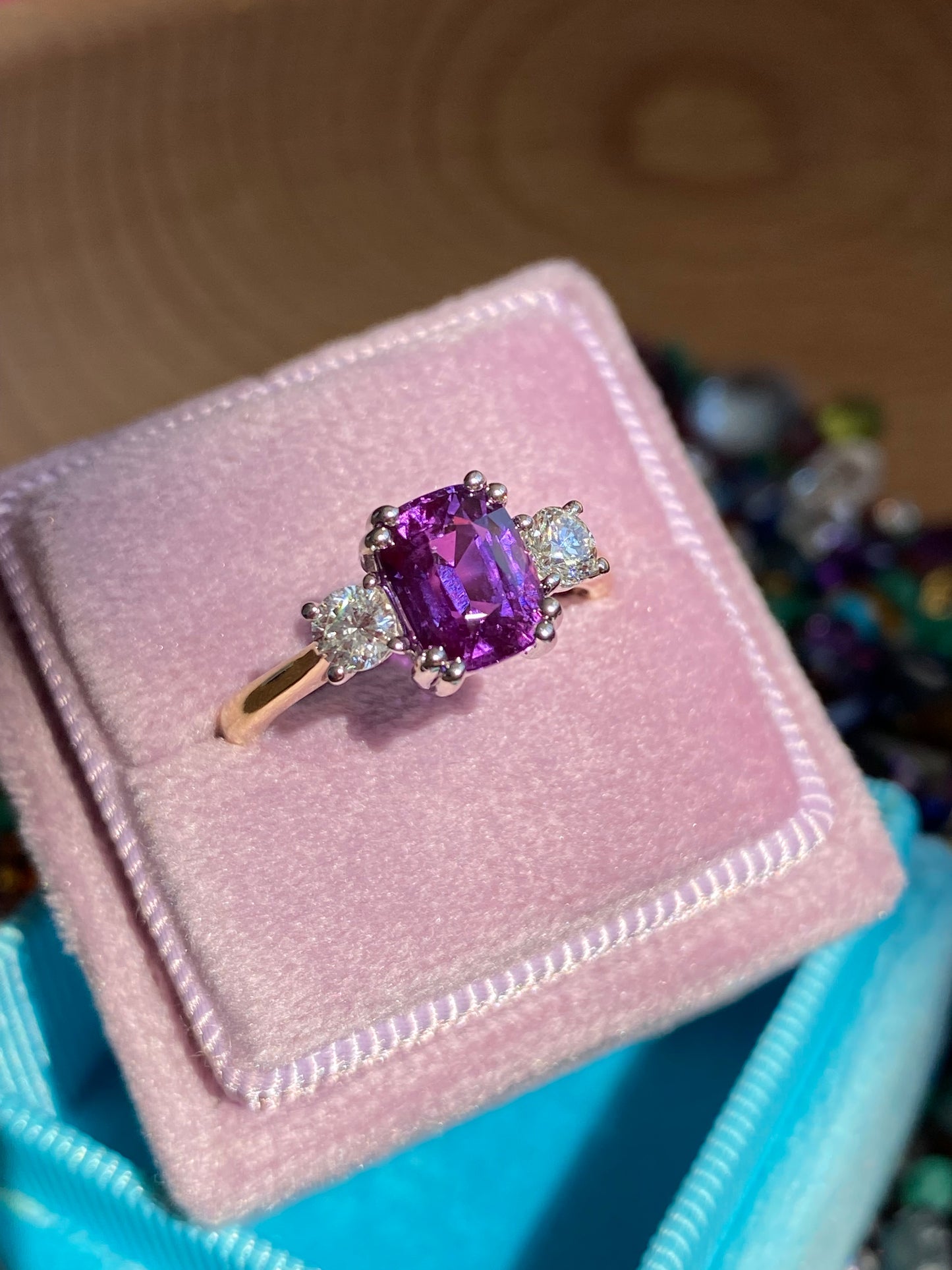 2.16 Carat Purple Sapphire and 0.38ctw Natural Diamond Three Stone Ring in Platinum and 18ct Gold