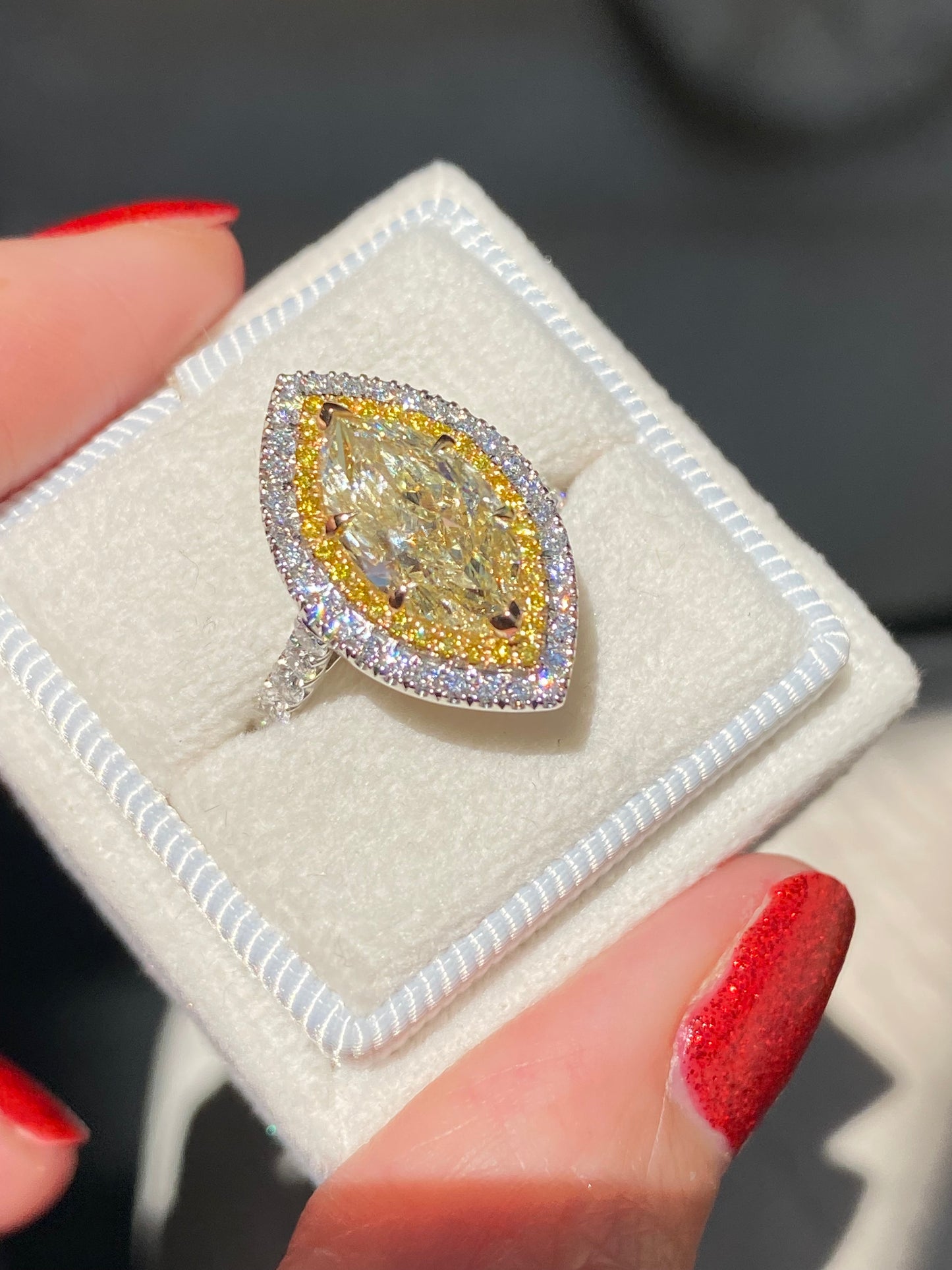 3.21 ctw Marquise Cut Natural Yellow Diamond Engagement Ring in Platinum and 18ct Yellow Gold