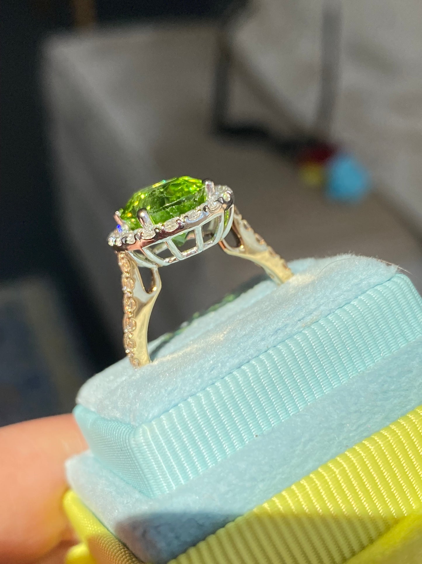 5.22 Carat Peridot and 0.97ctw Natural Diamond Ring in Platinum and 18ct Yellow Gold
