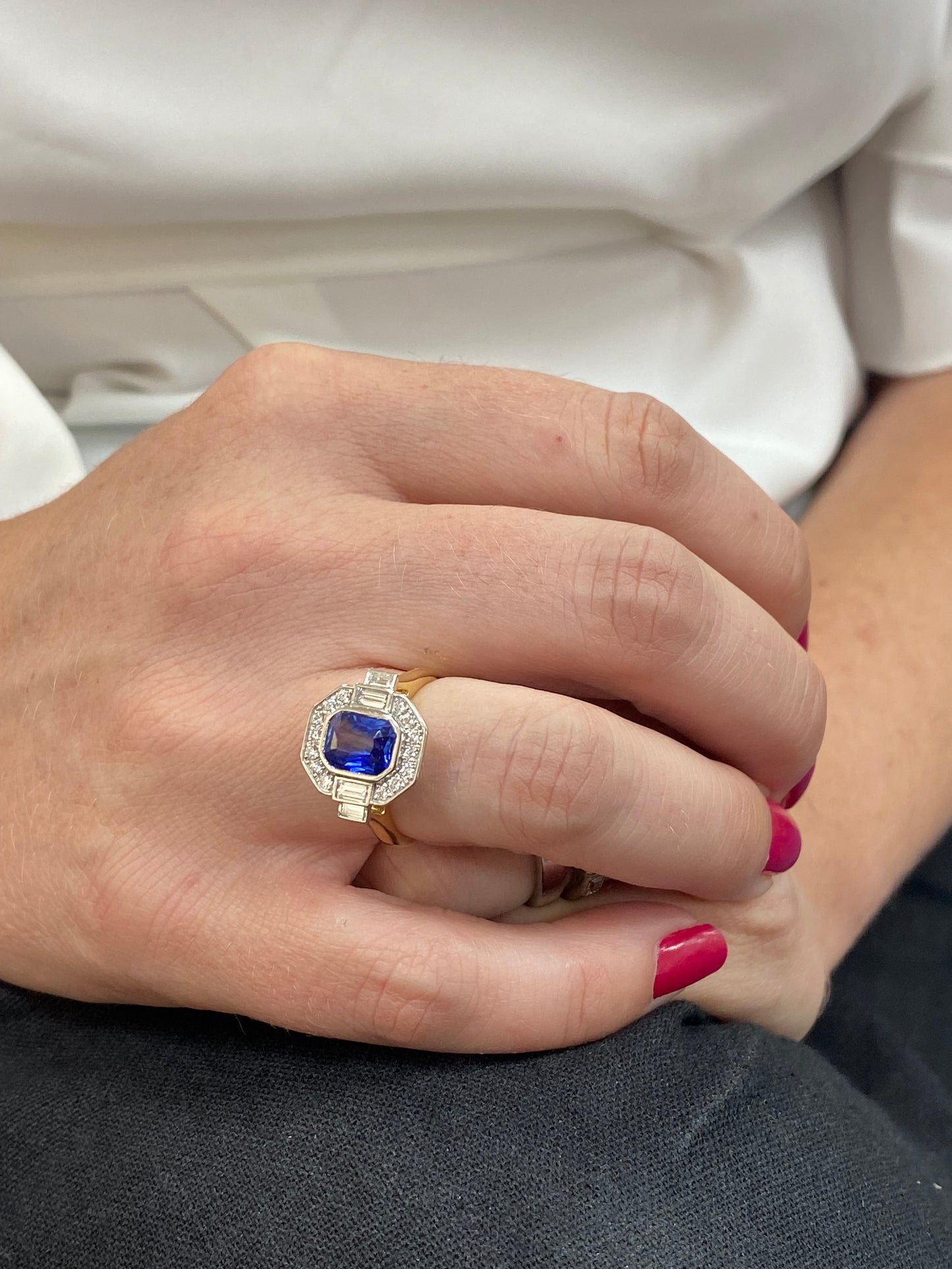 2.06 Carat Emerald Cut Sapphire and Natural Diamond Halo Ring in Platinum and 18ct Yellow Gold
