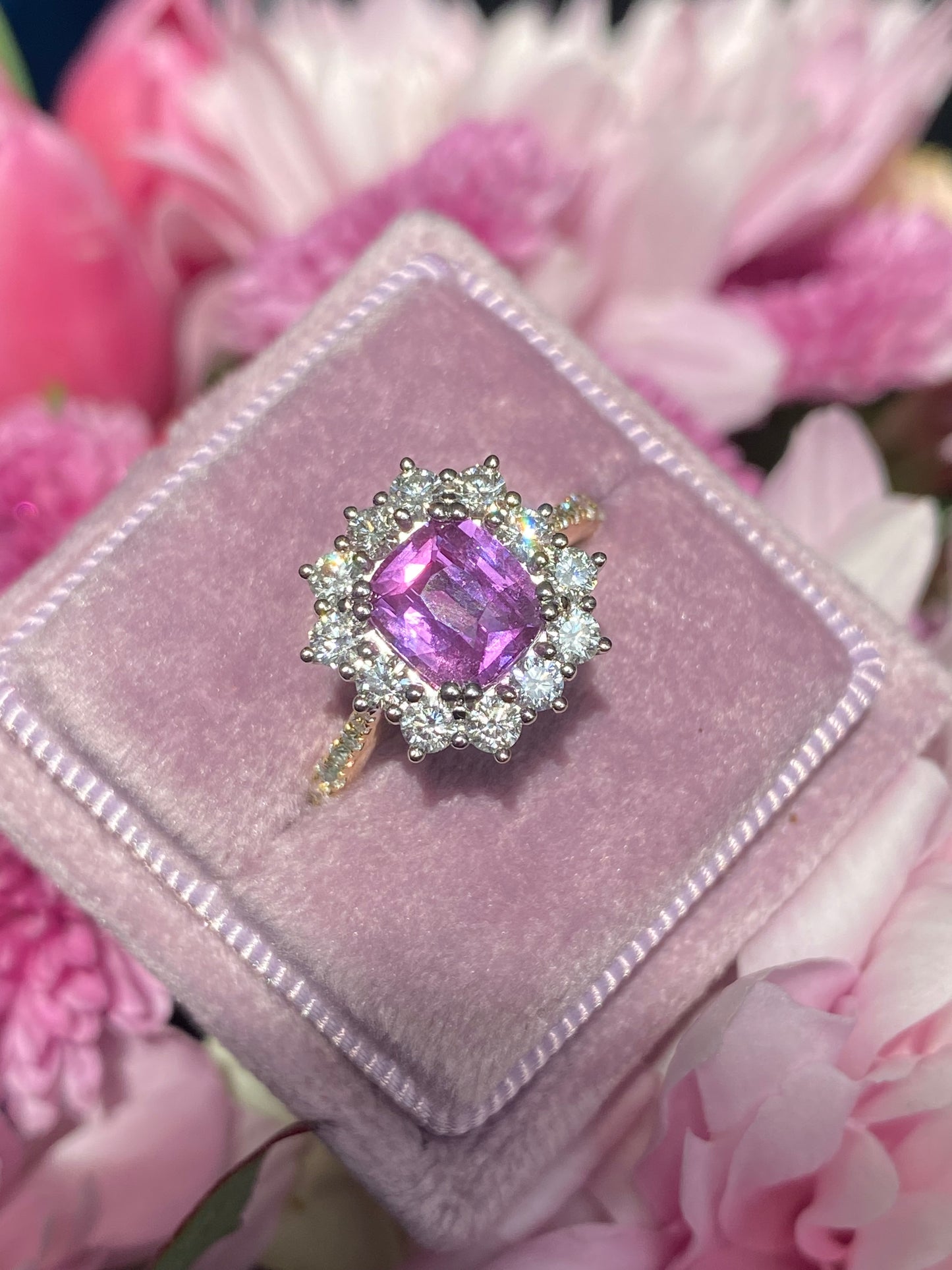 1.65 Carat Purple Sapphire and 0.85ctw Natural Diamond Halo Ring in Platinum and 18ct Gold