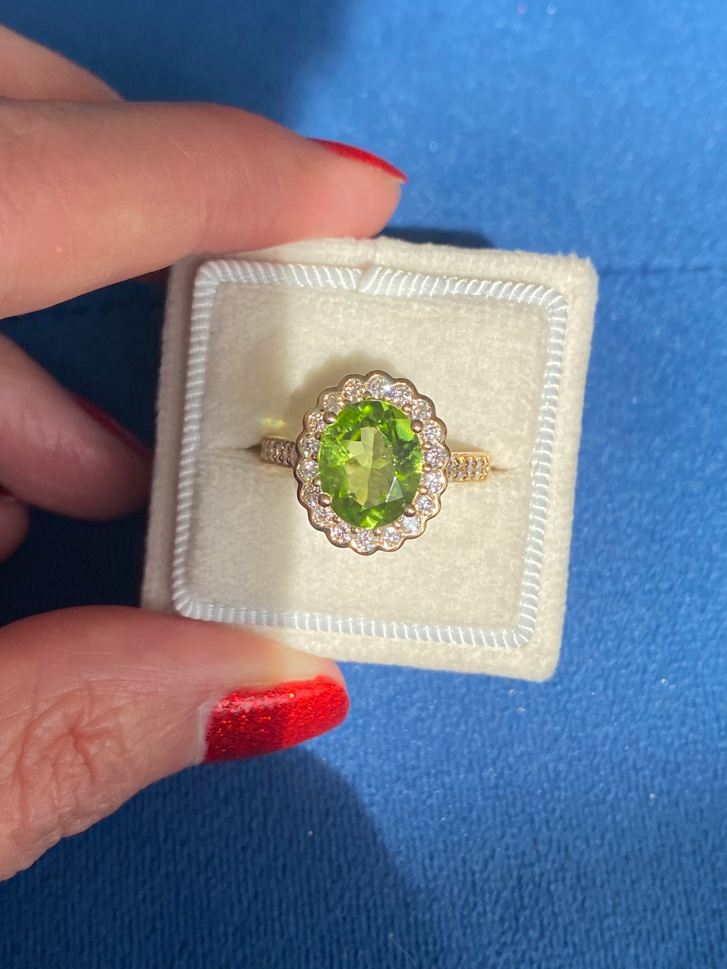 2.96 Carat Peridot and Natural Diamond Halo Ring in 18ct Yellow Gold