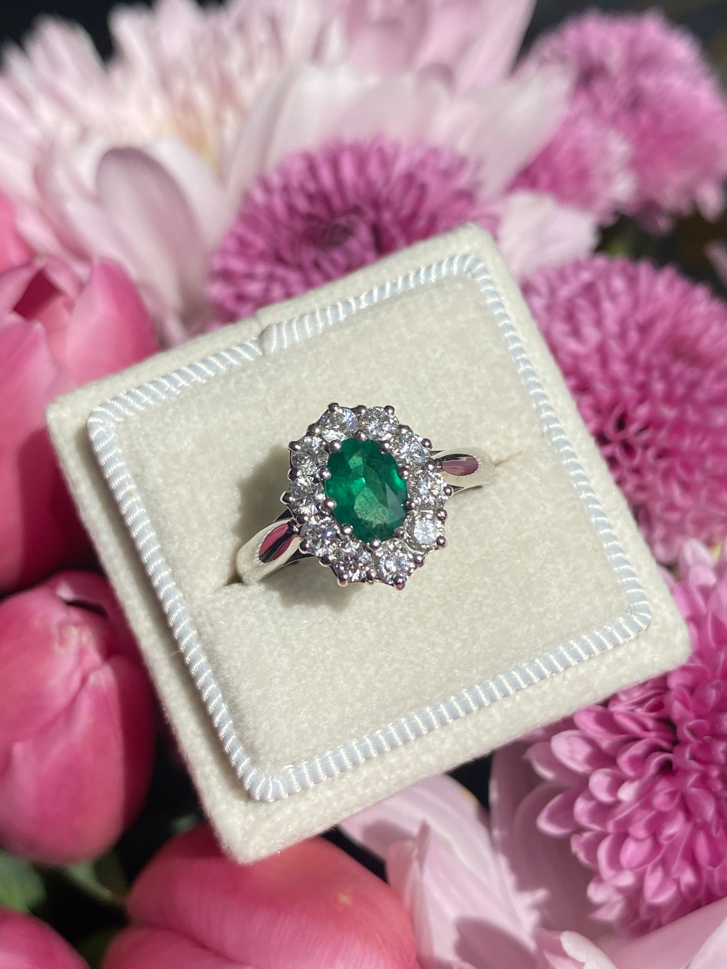 0.60 Carat Emerald and 0.66 ctw Natural Diamond Halo Engagement Ring in Platinum