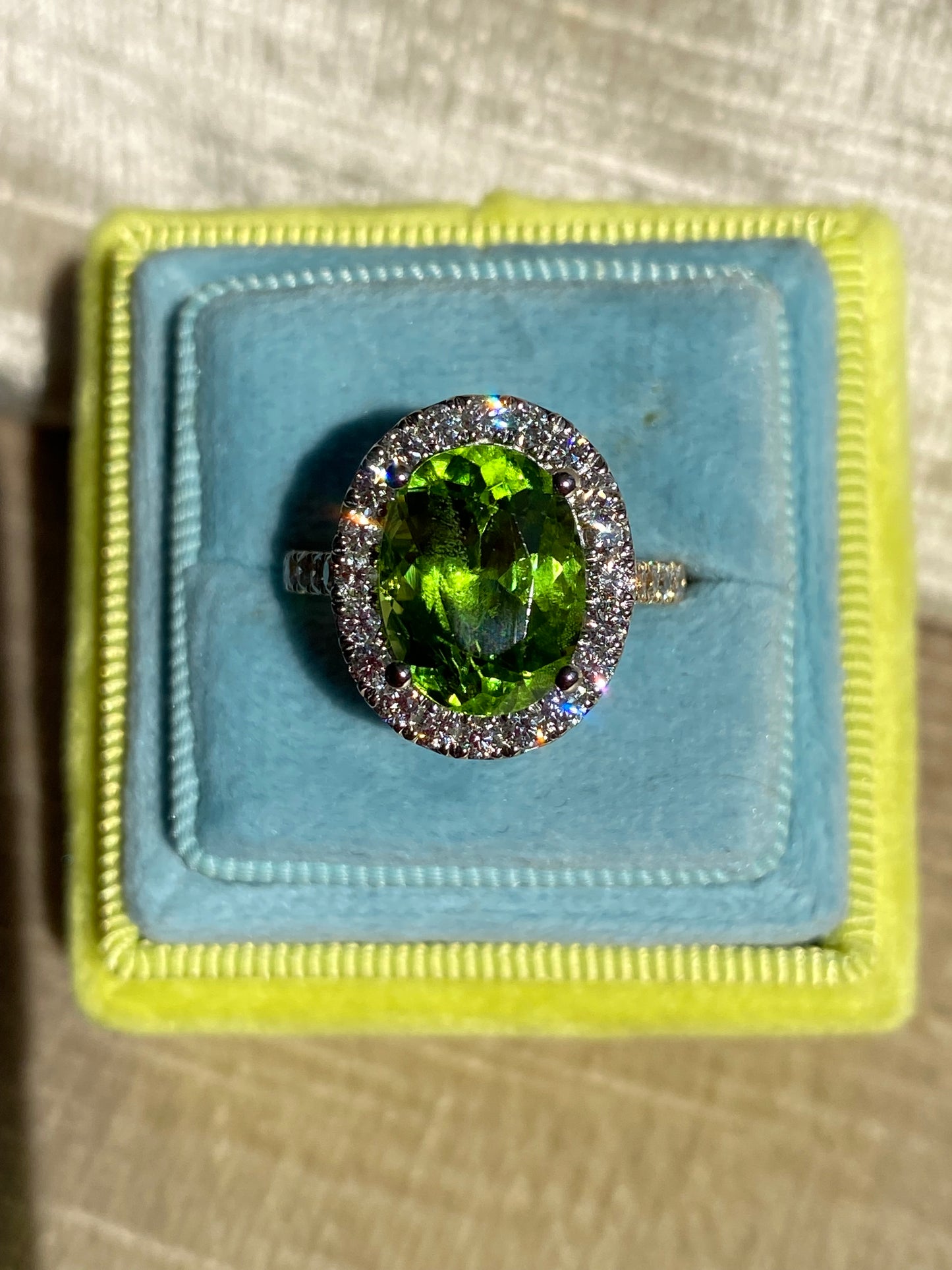 5.22 Carat Peridot and 0.97ctw Natural Diamond Ring in Platinum and 18ct Yellow Gold