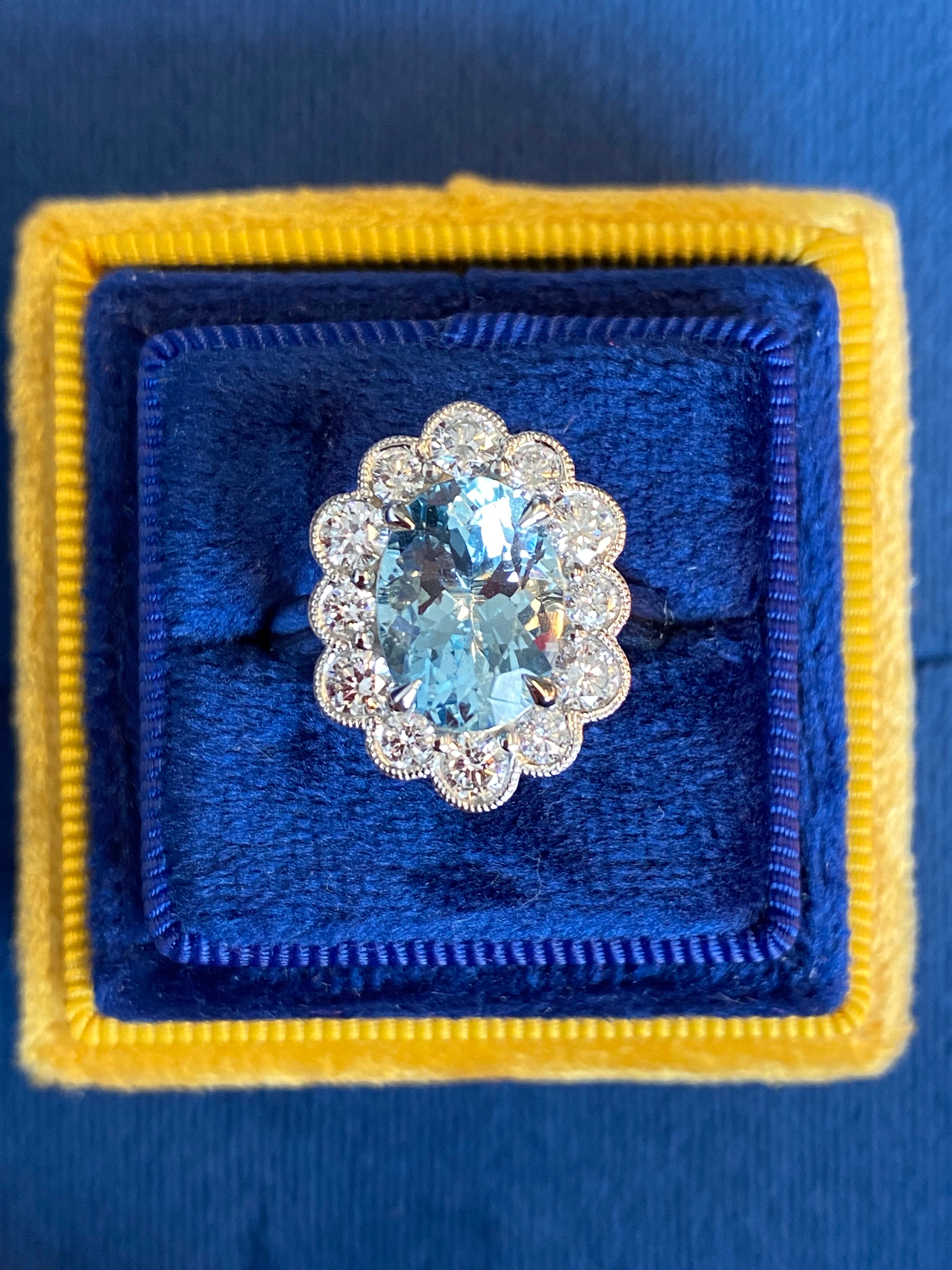 4.09 CTW Oval Cut Aquamarine and Natural Diamond Halo Engagement Ring in Platinum