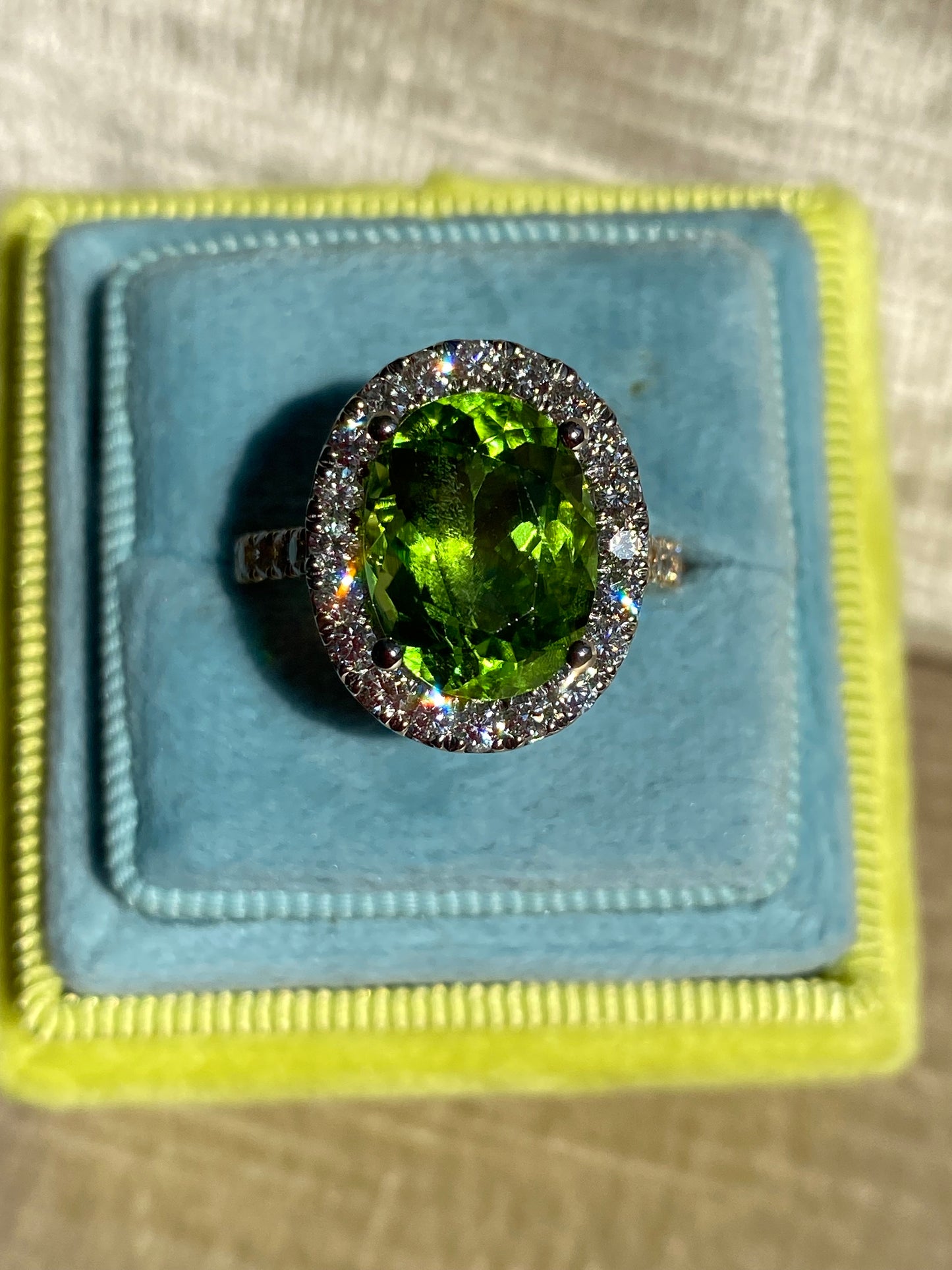 5.22 Carat Peridot and 0.97ctw Natural Diamond Ring in Platinum and 18ct Yellow Gold