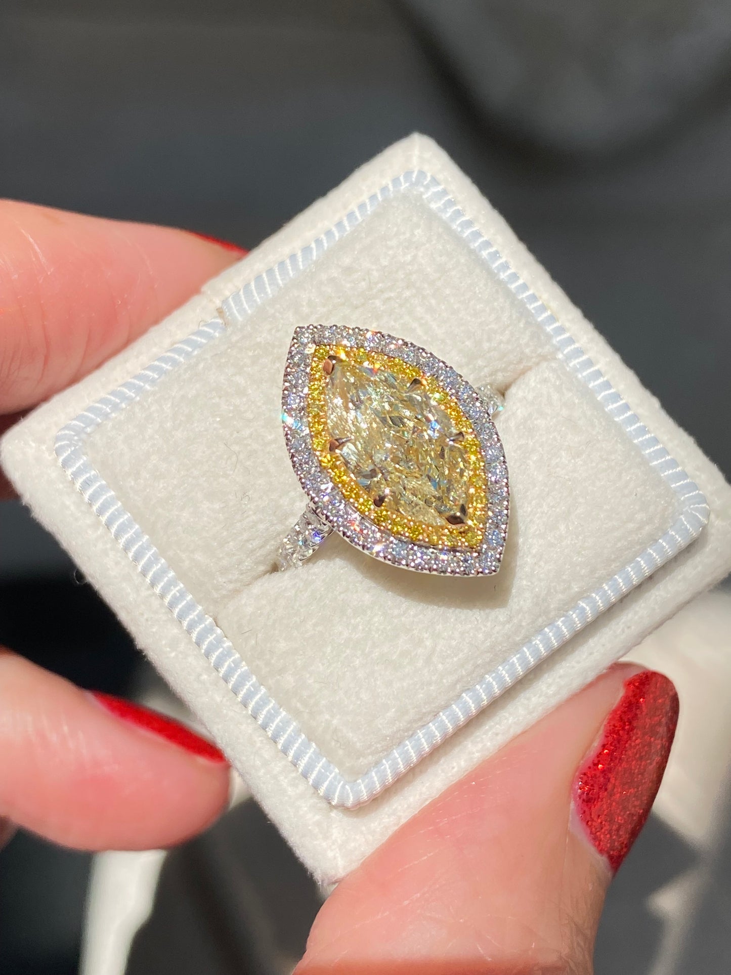 3.21 ctw Marquise Cut Natural Yellow Diamond Engagement Ring in Platinum and 18ct Yellow Gold