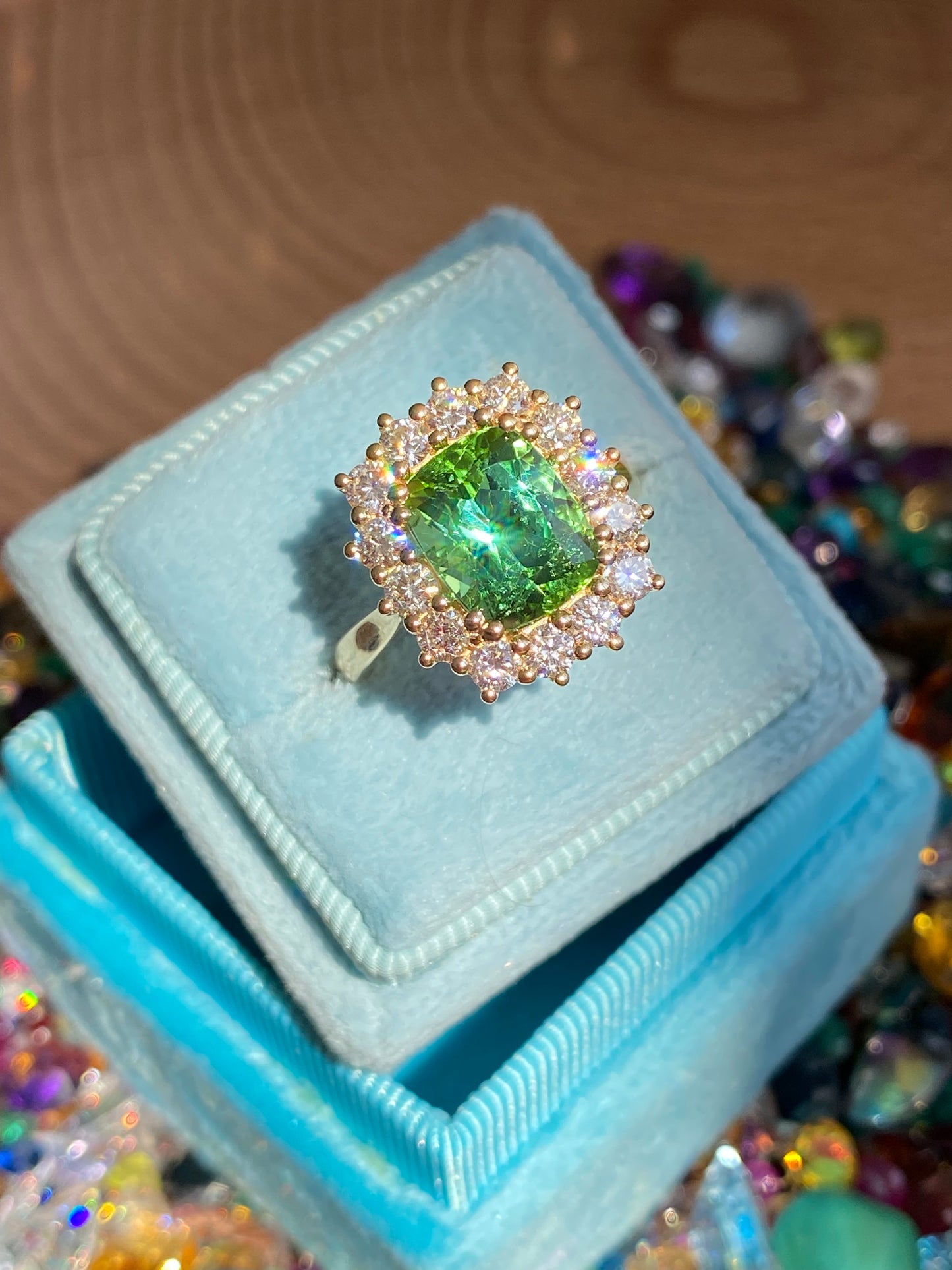3.02 Carat Green Tourmaline and Natural Diamond Ring in 18ct Yellow Gold