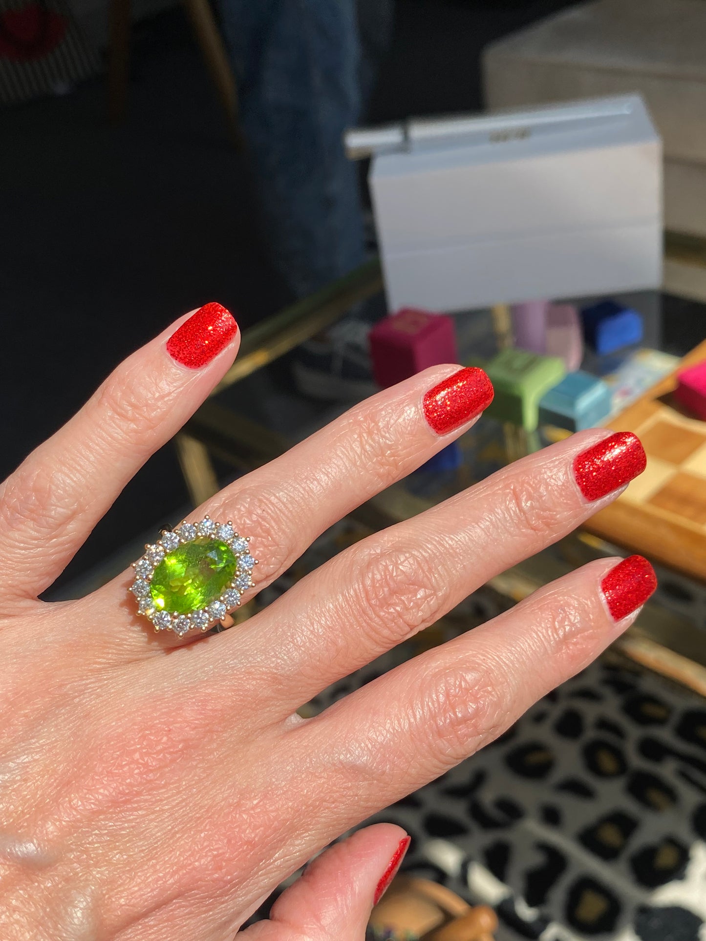 6.27 Carat Peridot and 1.28ctw Natural Diamond Ring in 18ct Yellow Gold