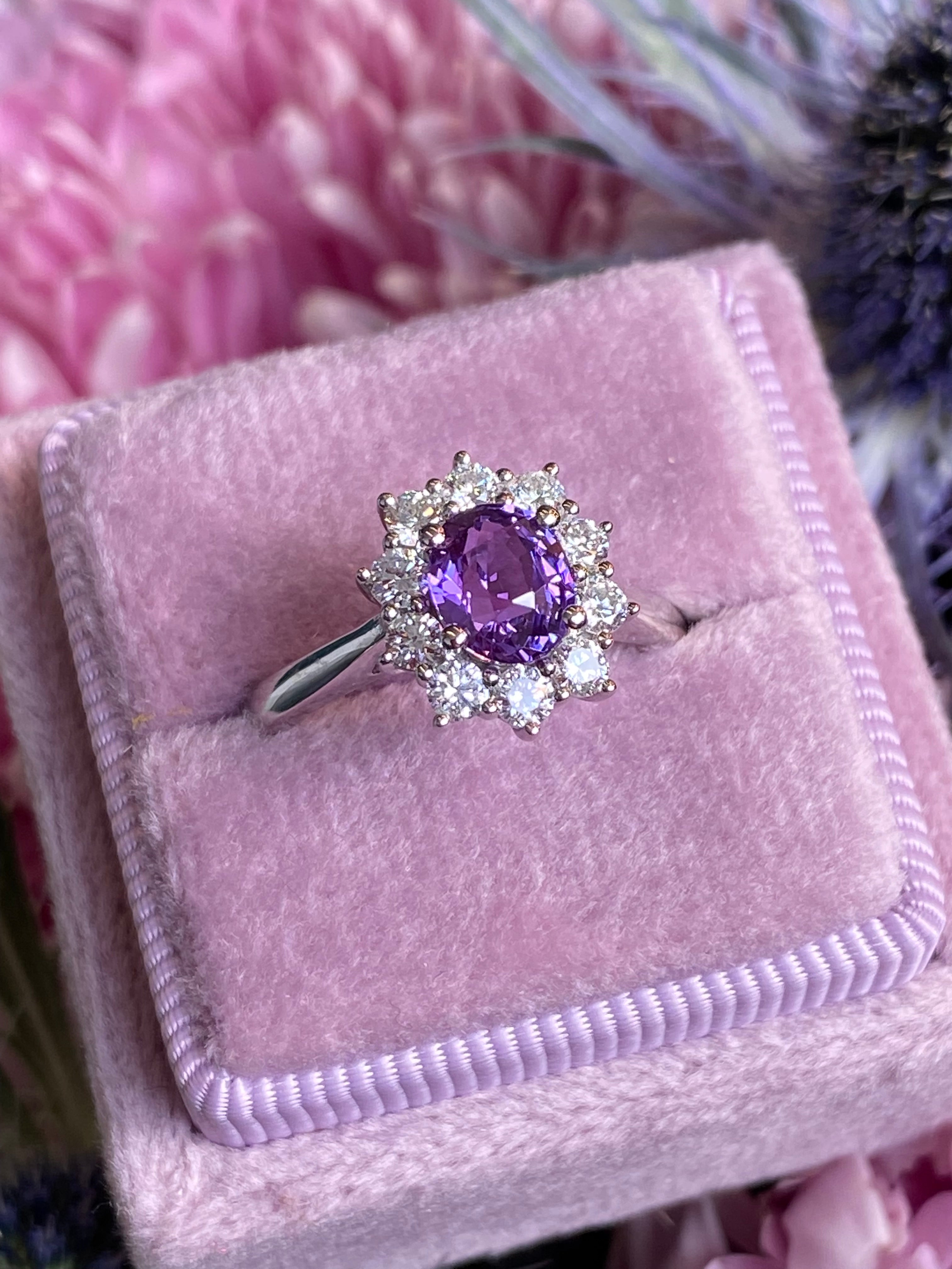 1.18 Carat Purple Sapphire and 0.51ctw Natural Diamond Halo Ring in Platinum