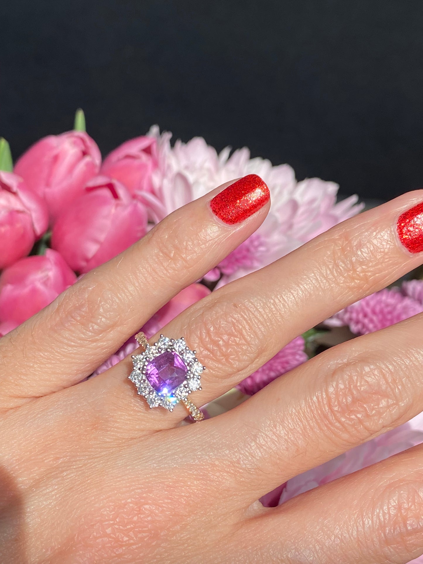 1.65 Carat Purple Sapphire and 0.85ctw Natural Diamond Halo Ring in Platinum and 18ct Gold