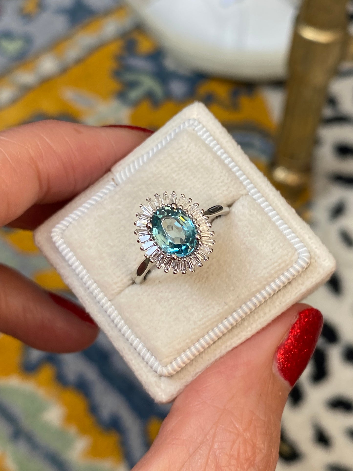1.70 Carat Blue Zircon and Natural Diamond Starburst Halo Ring in Platinum