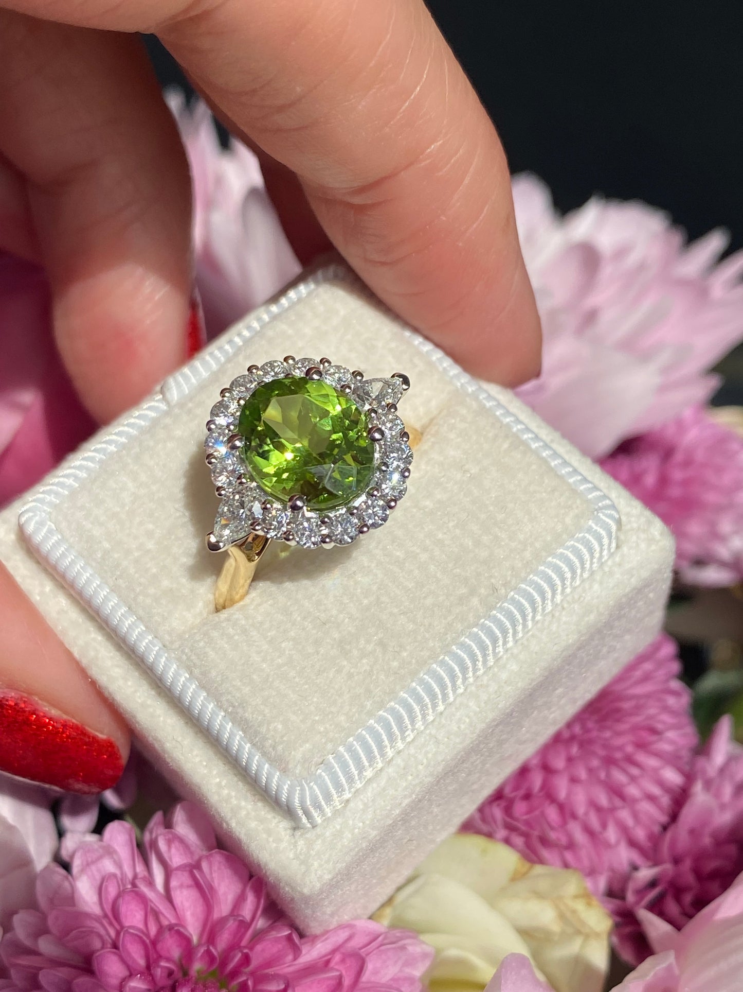 2.96 Carat Peridot and Natural Diamond Halo Ring in 18ct Yellow Gold